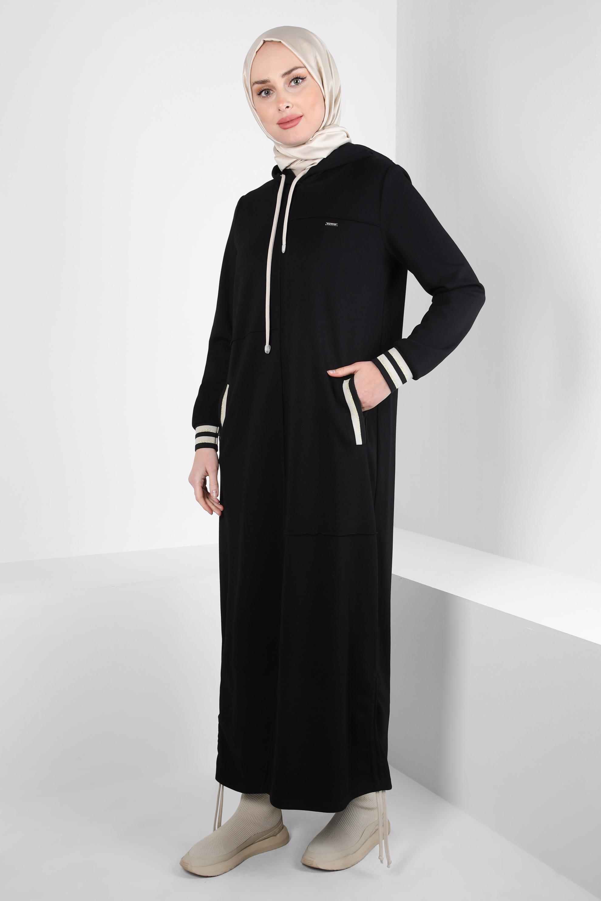 Tesettür giyim SİYAH KAPÜŞONLU EŞOFMAN ELBİSE 44283