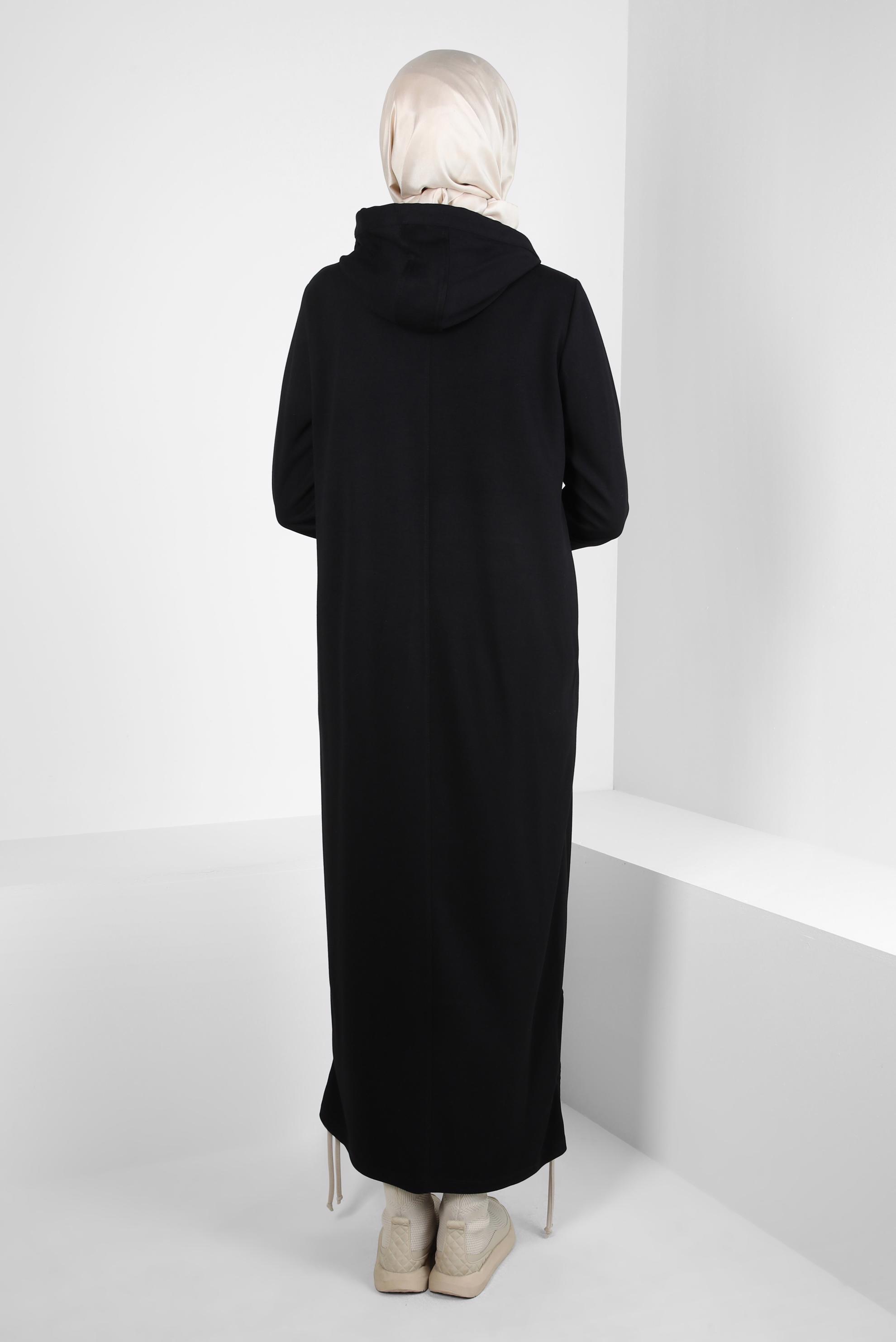 Tesettür giyim SİYAH KAPÜŞONLU EŞOFMAN ELBİSE 44283