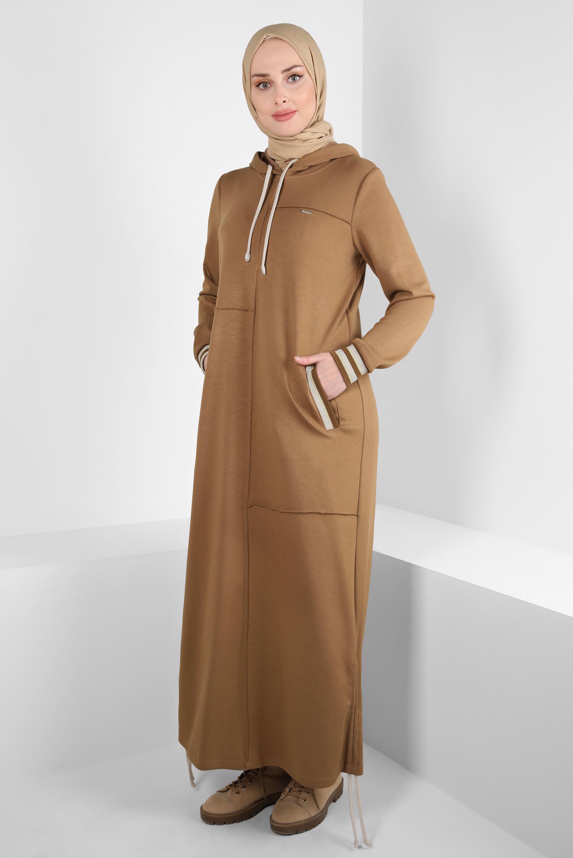 Tesettür giyim KAHVE KAPÜŞONLU EŞOFMAN ELBİSE 44283