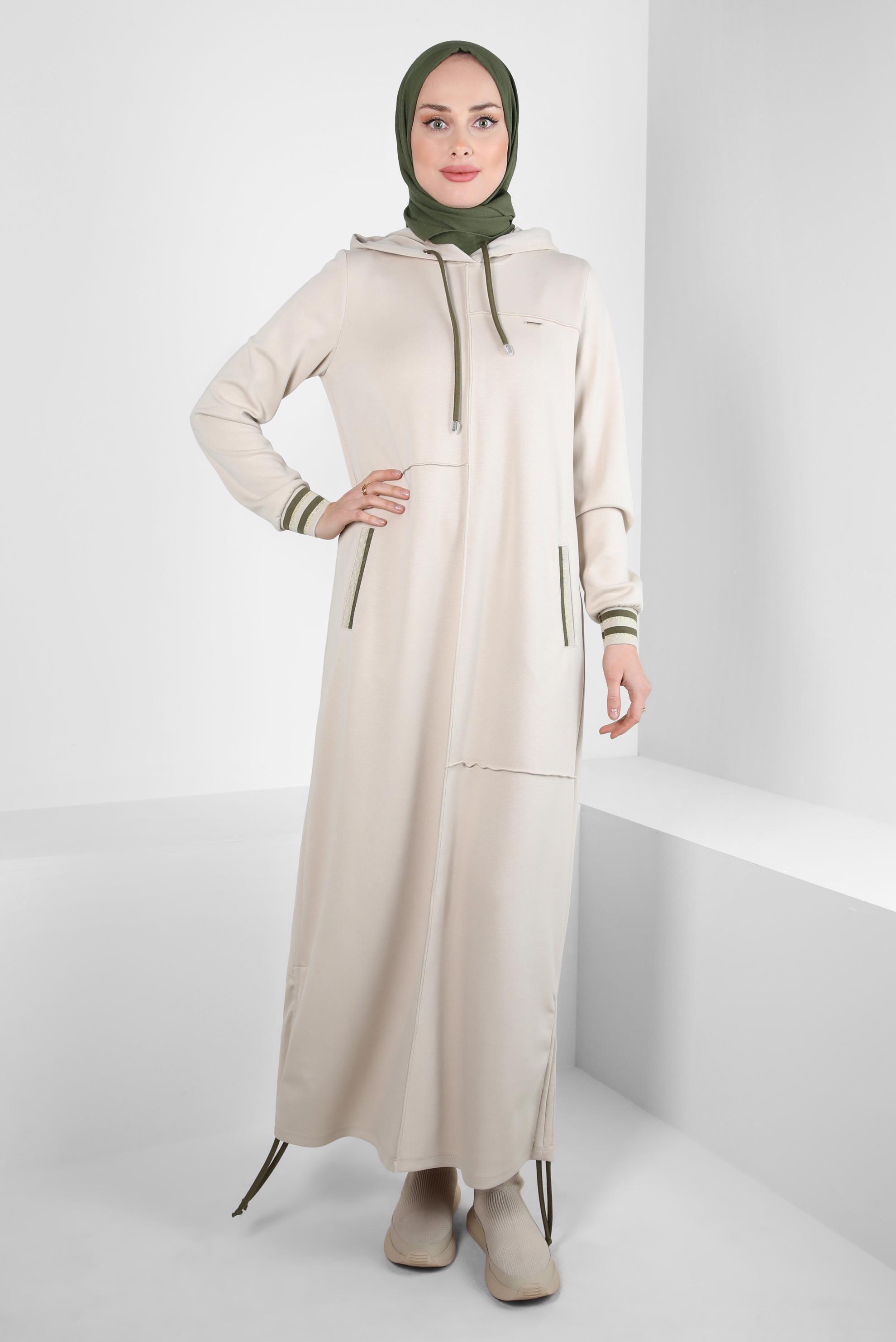 Tesettür giyim KUM KAPÜŞONLU EŞOFMAN ELBİSE 44283