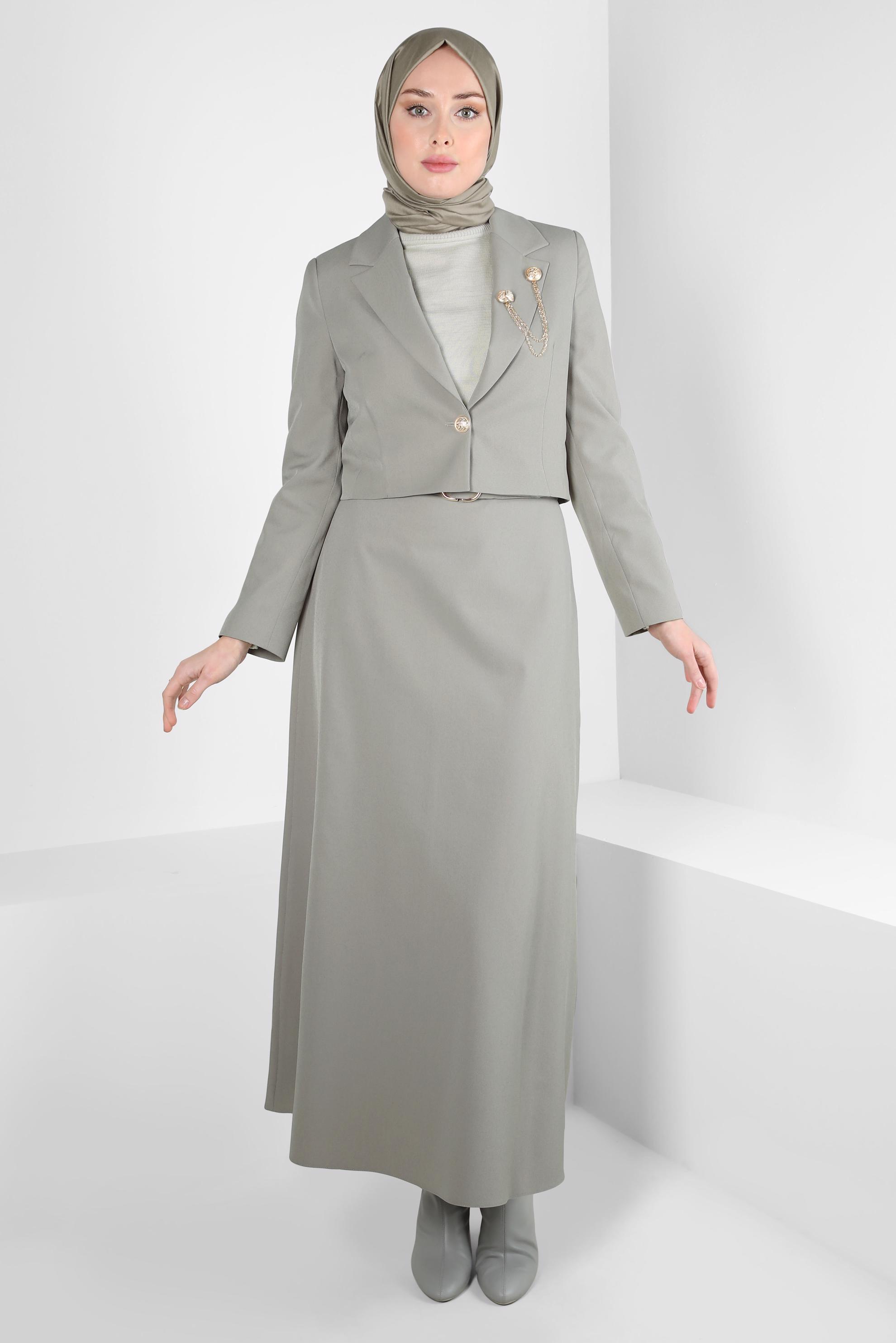 Tesettür giyim KUM AKSESUAR DETAYLI ETEKLİ TAKIM 44159-1