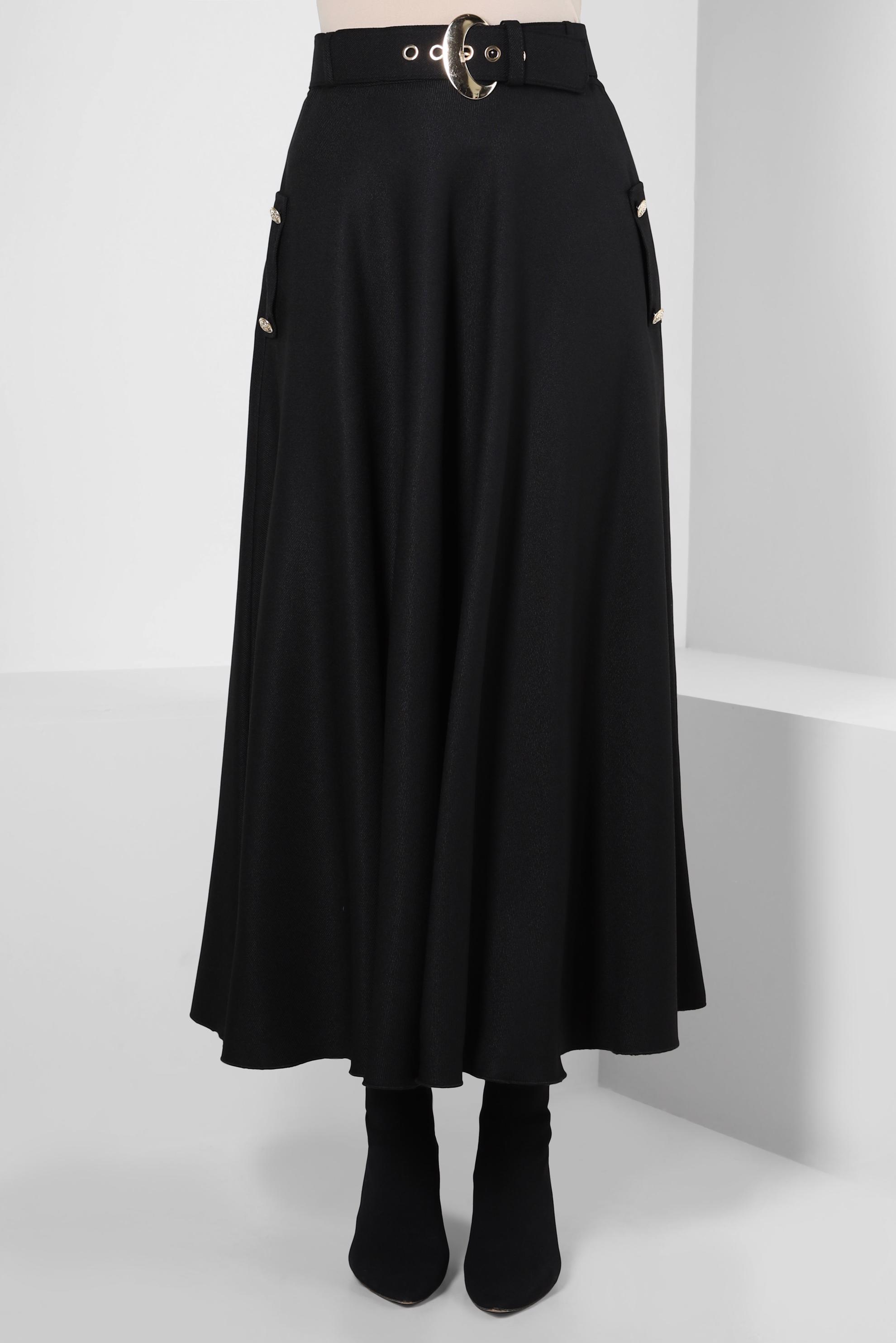 Tesettür giyim SİYAH KEMERLİ ÇAN ETEK 60500