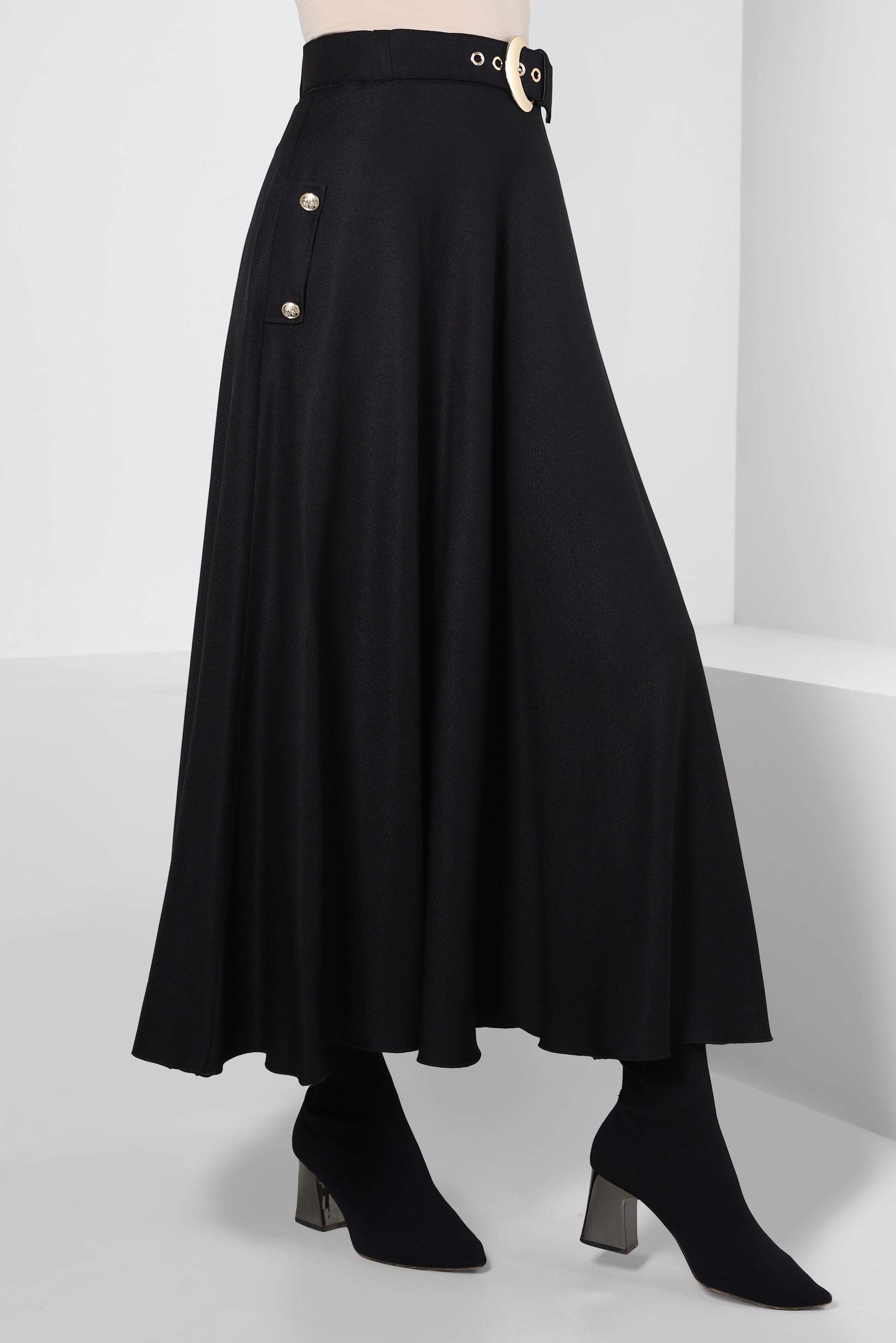 Tesettür giyim SİYAH KEMERLİ ÇAN ETEK 60500