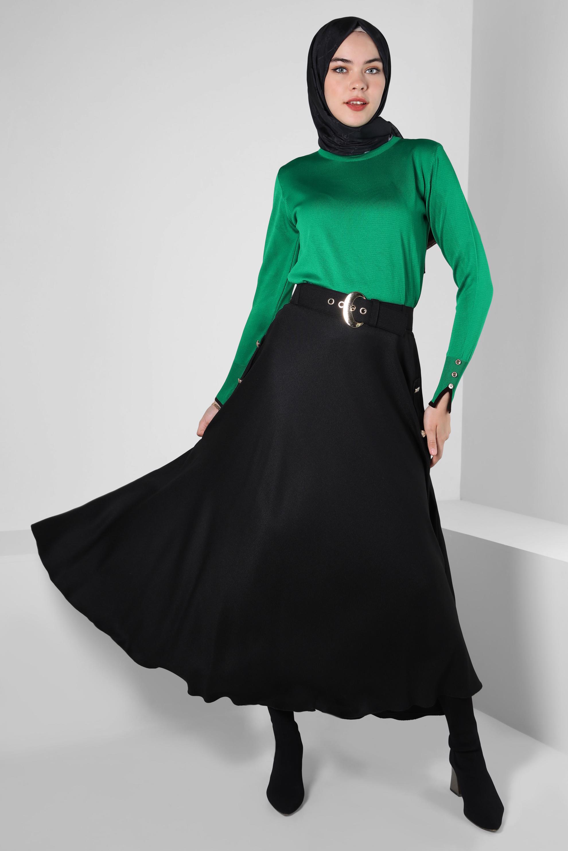 Tesettür giyim SİYAH KEMERLİ ÇAN ETEK 60500
