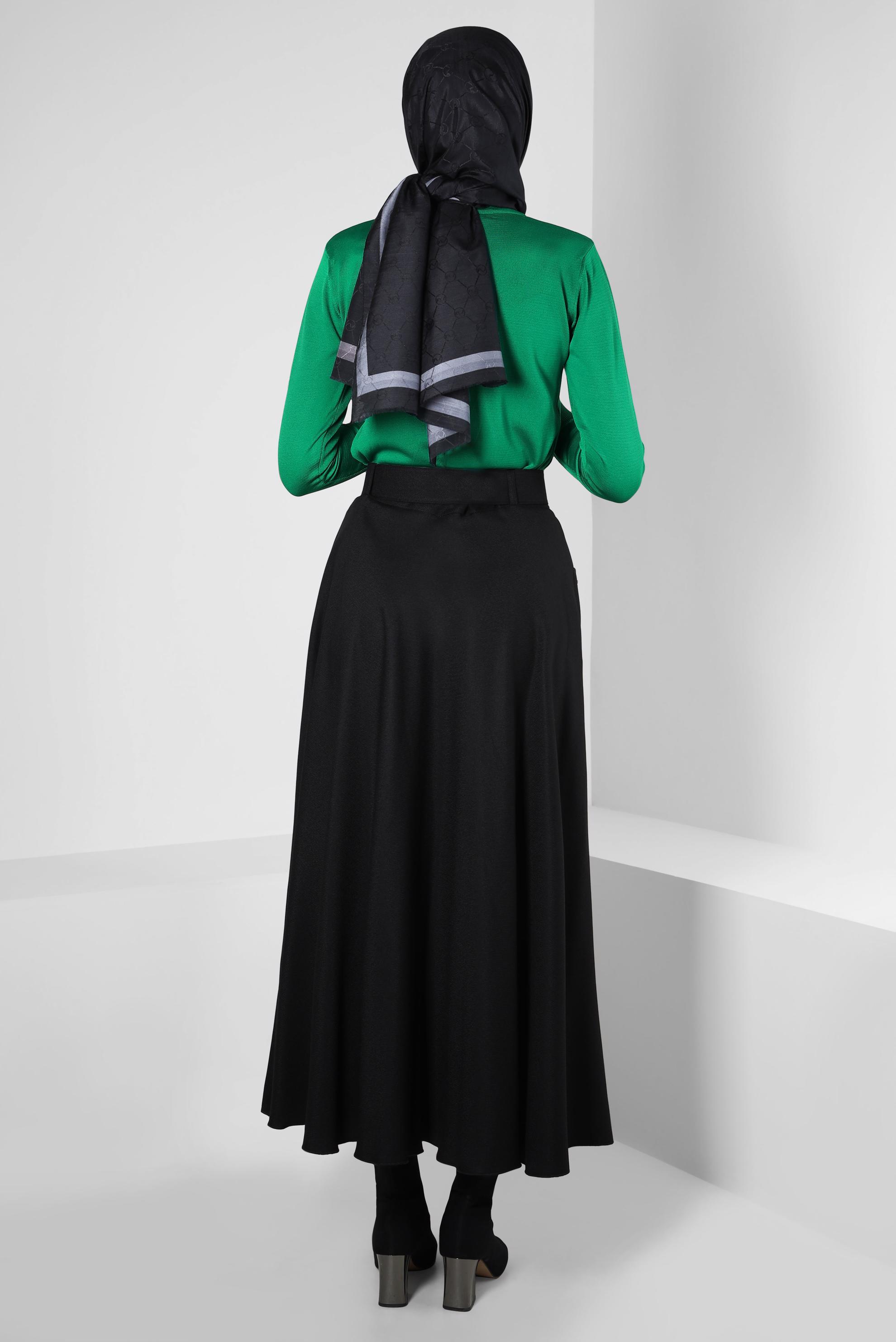 Tesettür giyim SİYAH KEMERLİ ÇAN ETEK 60500