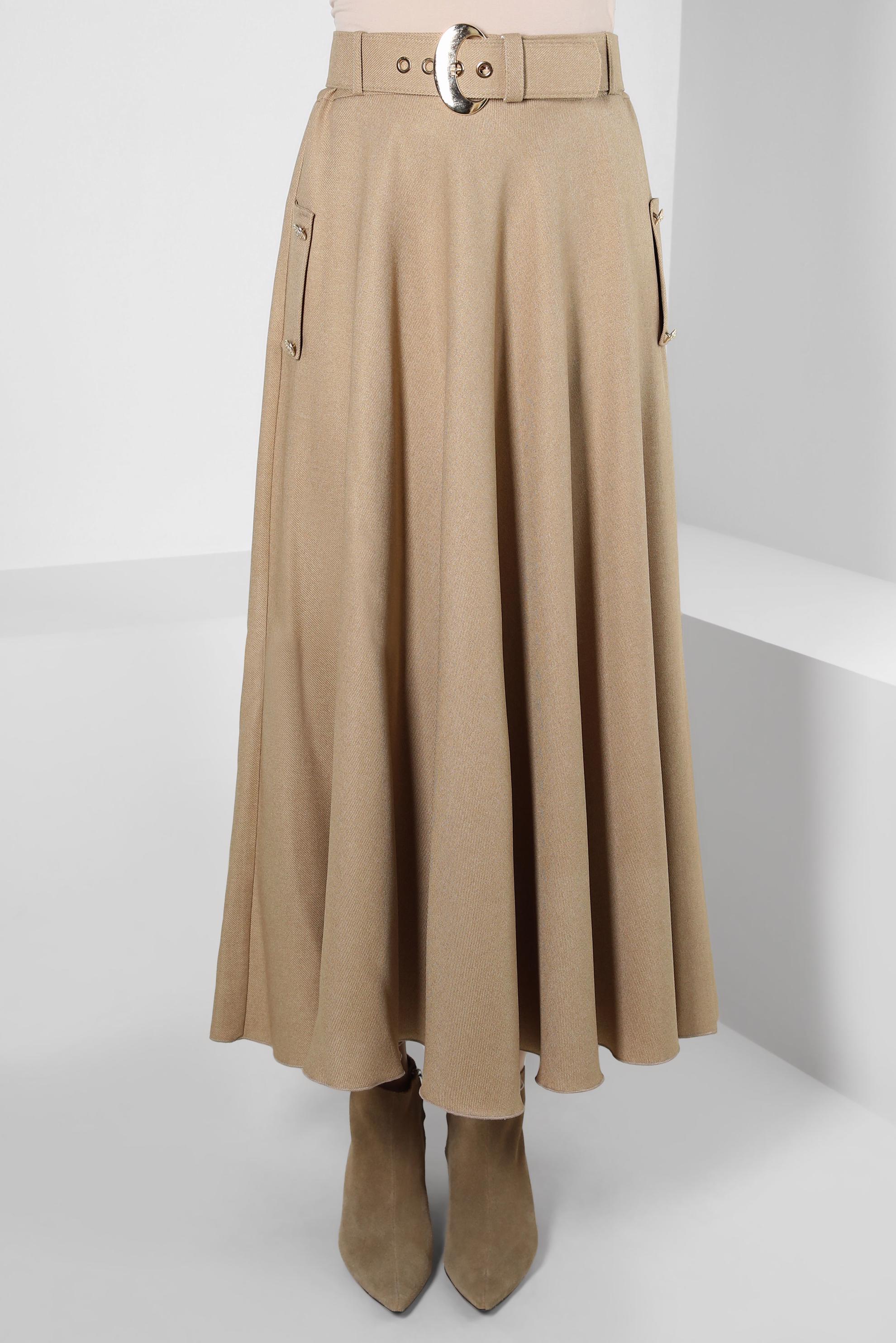 Tesettür giyim BEJ KEMERLİ ÇAN ETEK 60500