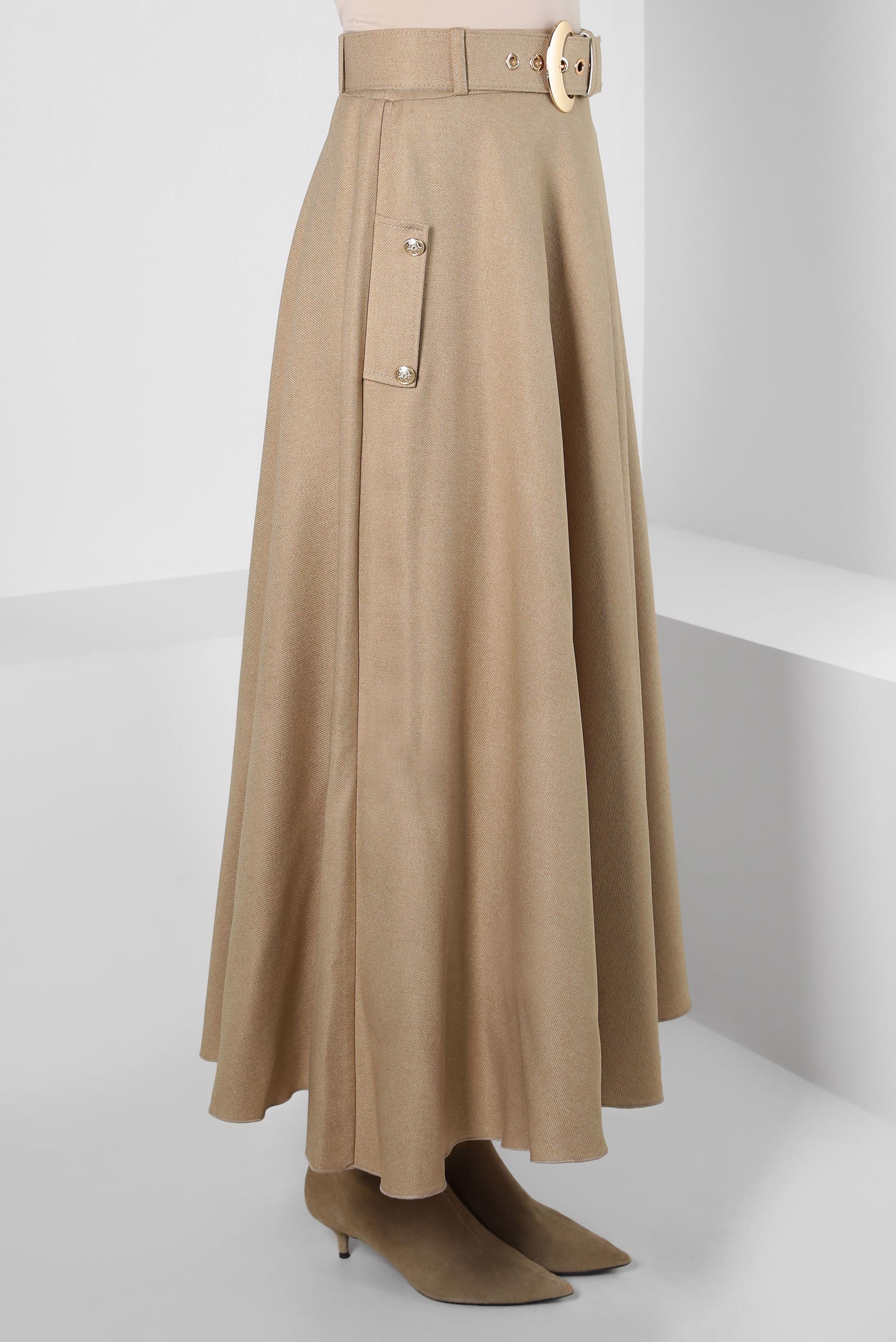 Tesettür giyim BEJ KEMERLİ ÇAN ETEK 60500