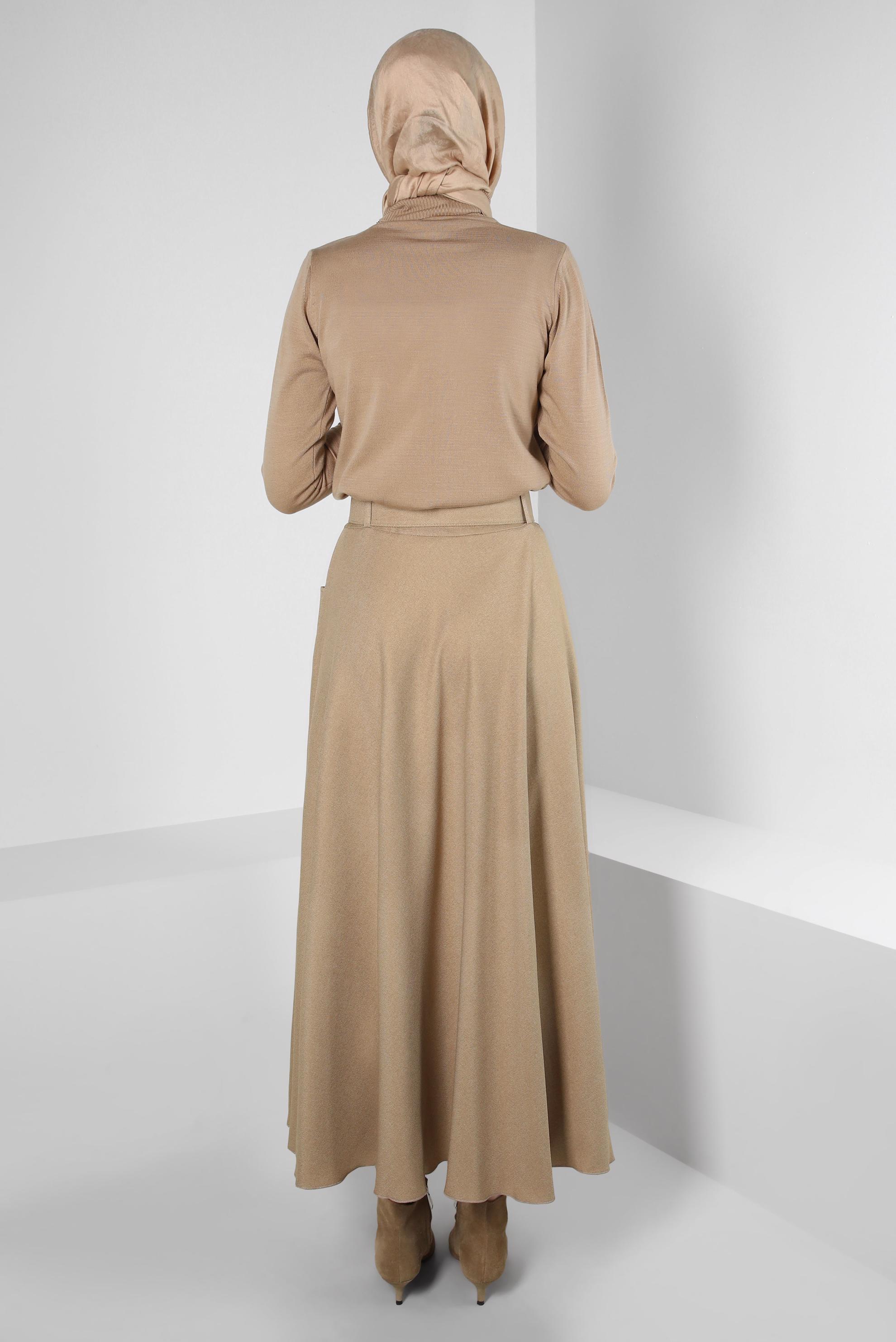 Tesettür giyim BEJ KEMERLİ ÇAN ETEK 60500