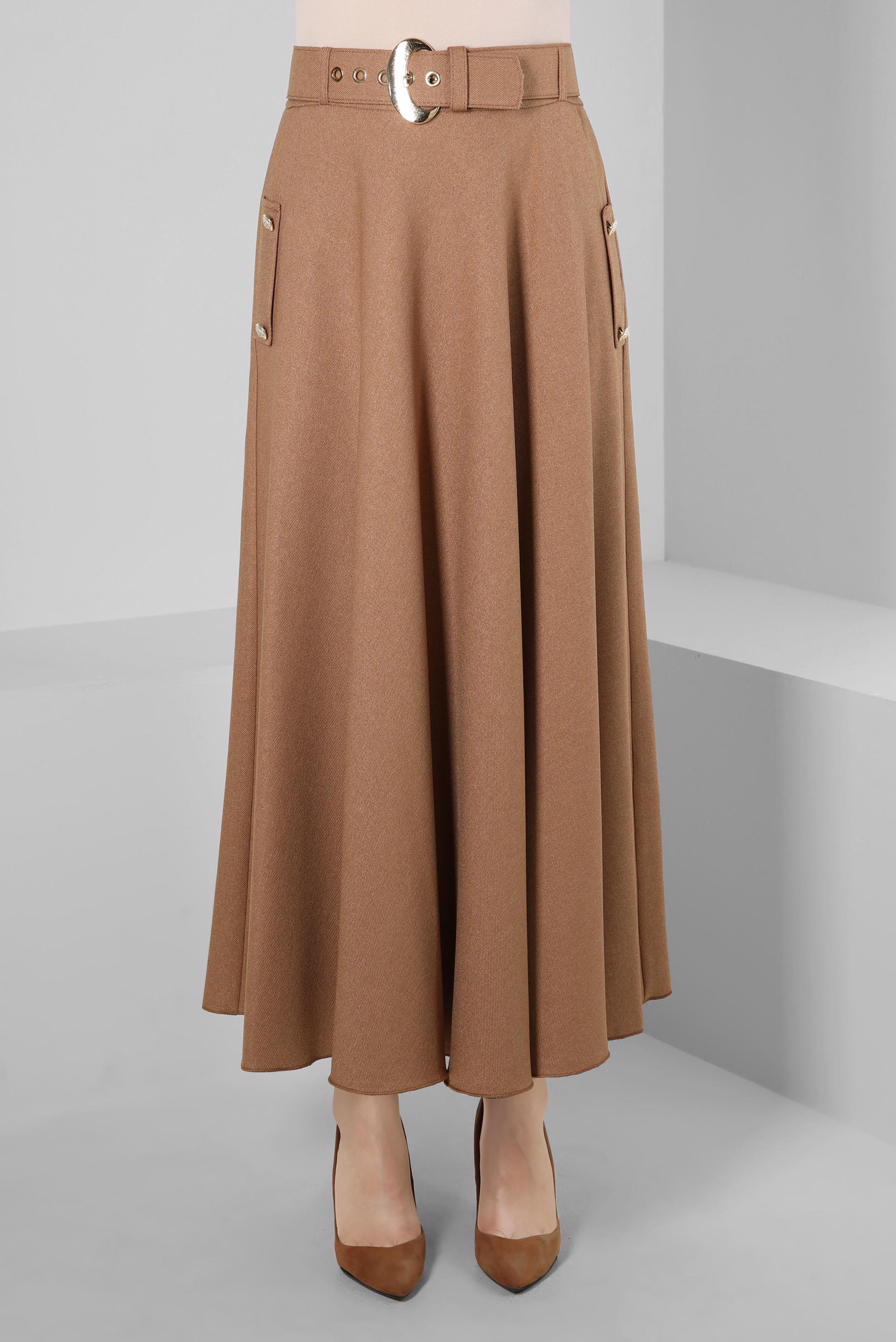 Tesettür giyim KAHVE KEMERLİ ÇAN ETEK 60500