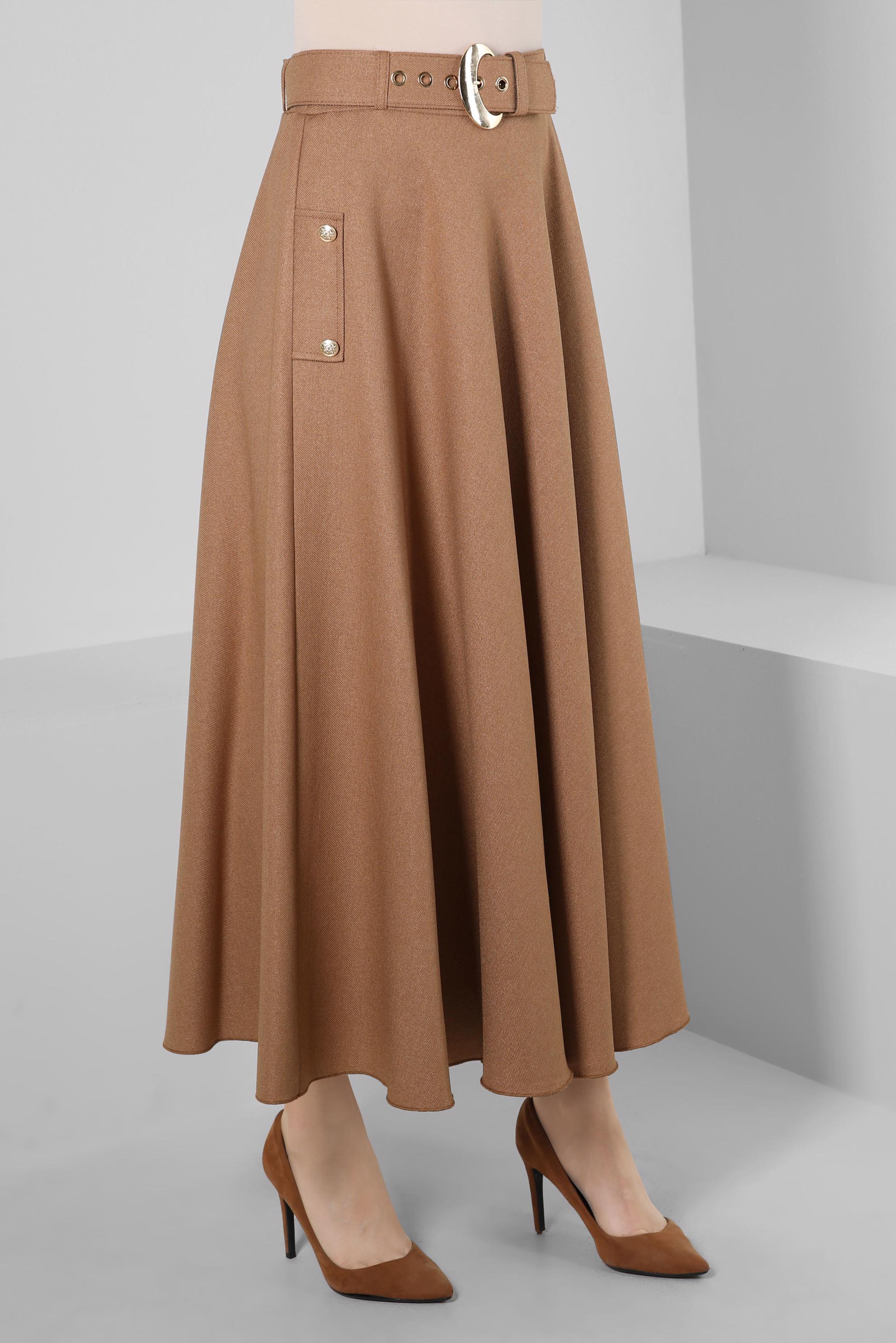 Tesettür giyim KAHVE KEMERLİ ÇAN ETEK 60500