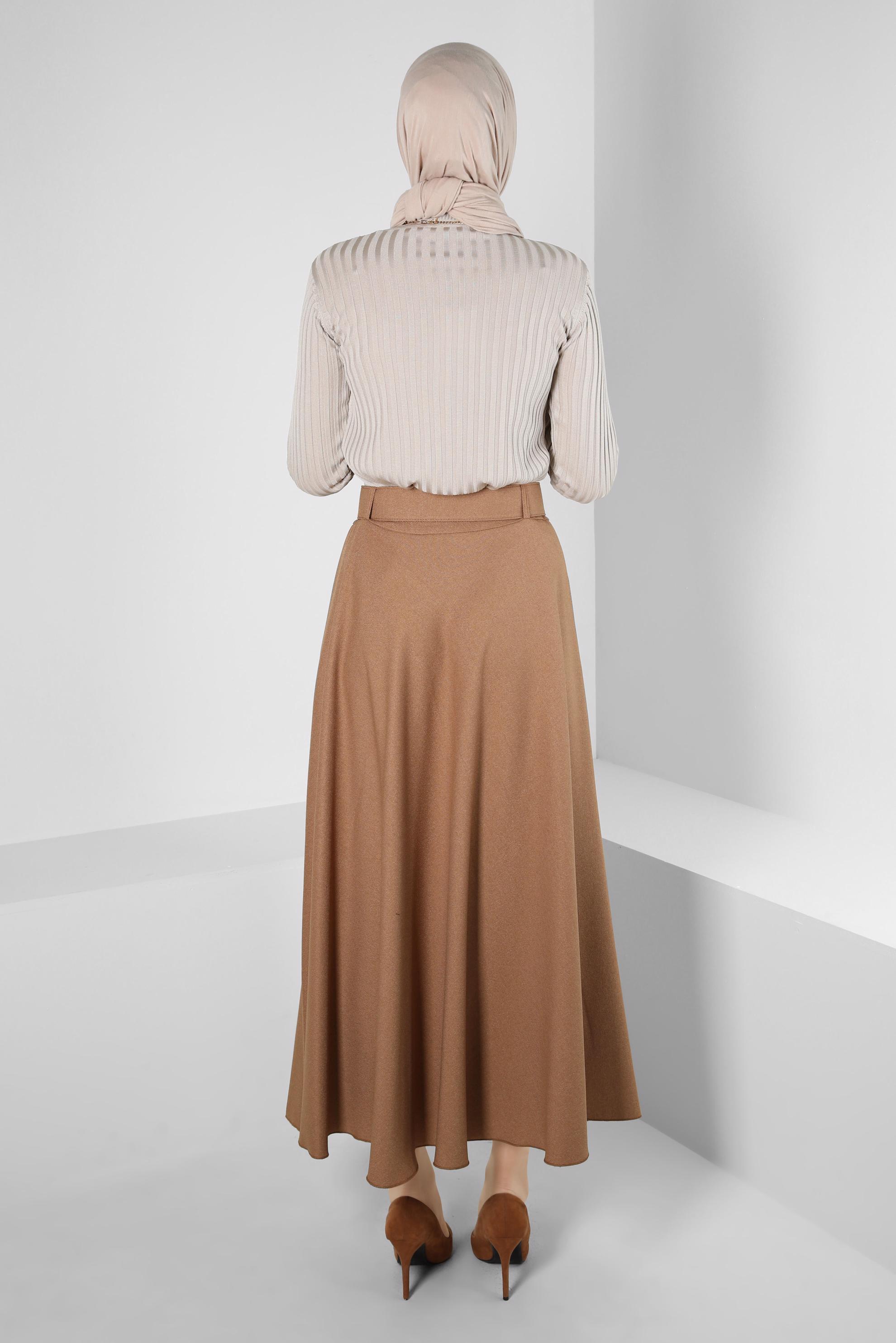 Tesettür giyim KAHVE KEMERLİ ÇAN ETEK 60500