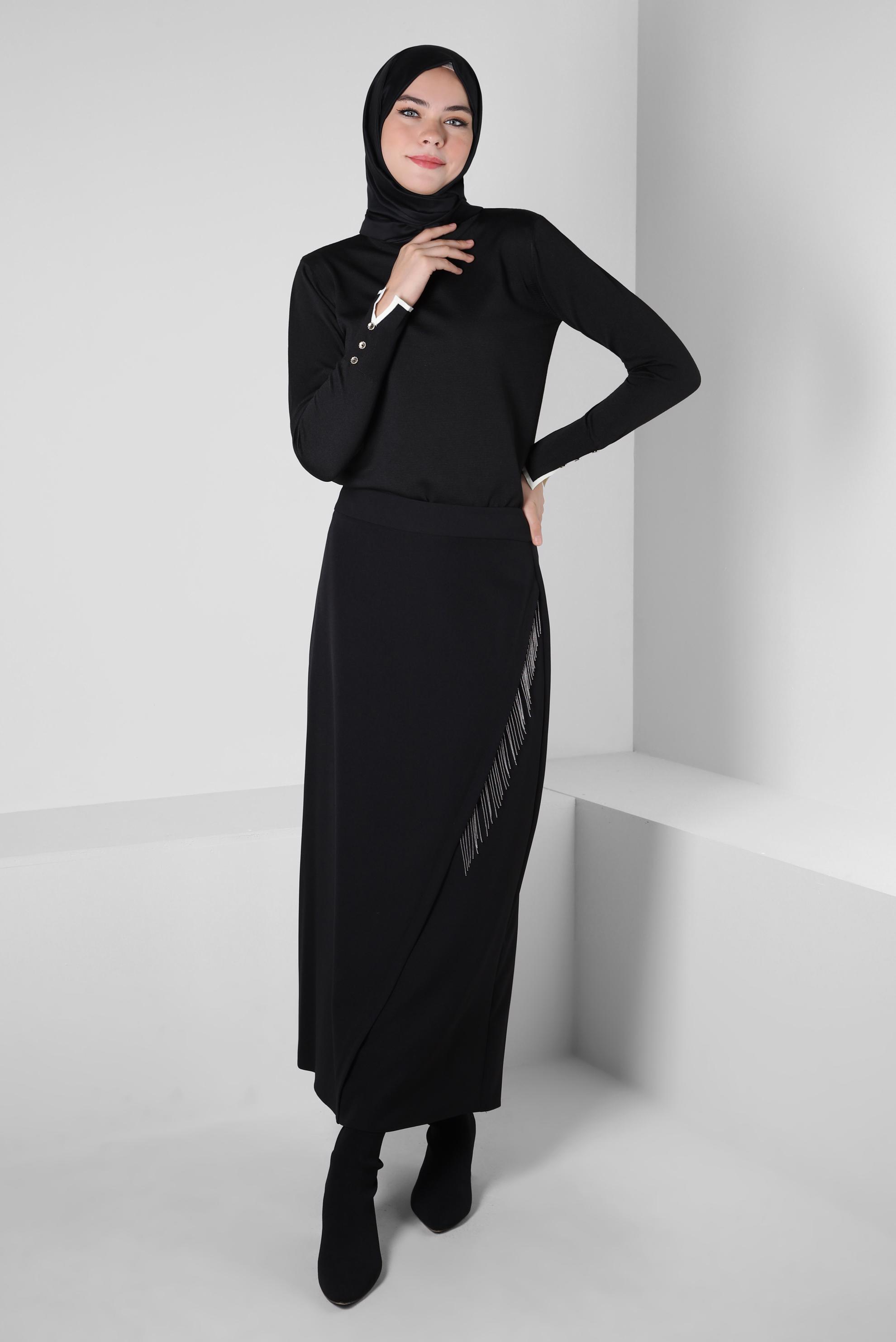 Tesettür giyim SİYAH ZİNCİR DETAYLI ETEK 60501