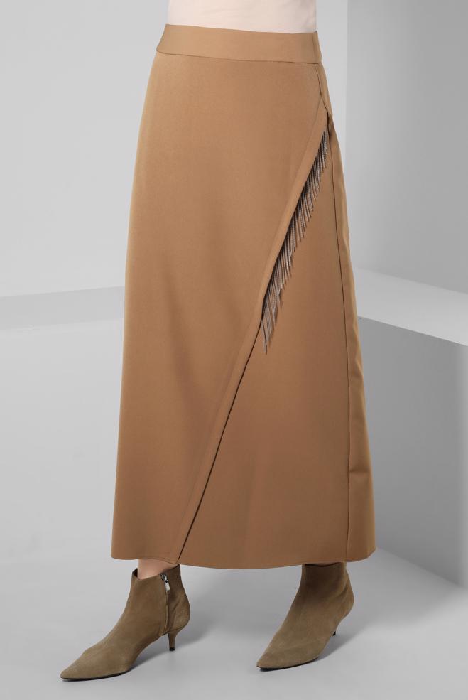 Tesettür giyim BEJ ZİNCİR DETAYLI ETEK 60501 - ALVİNA