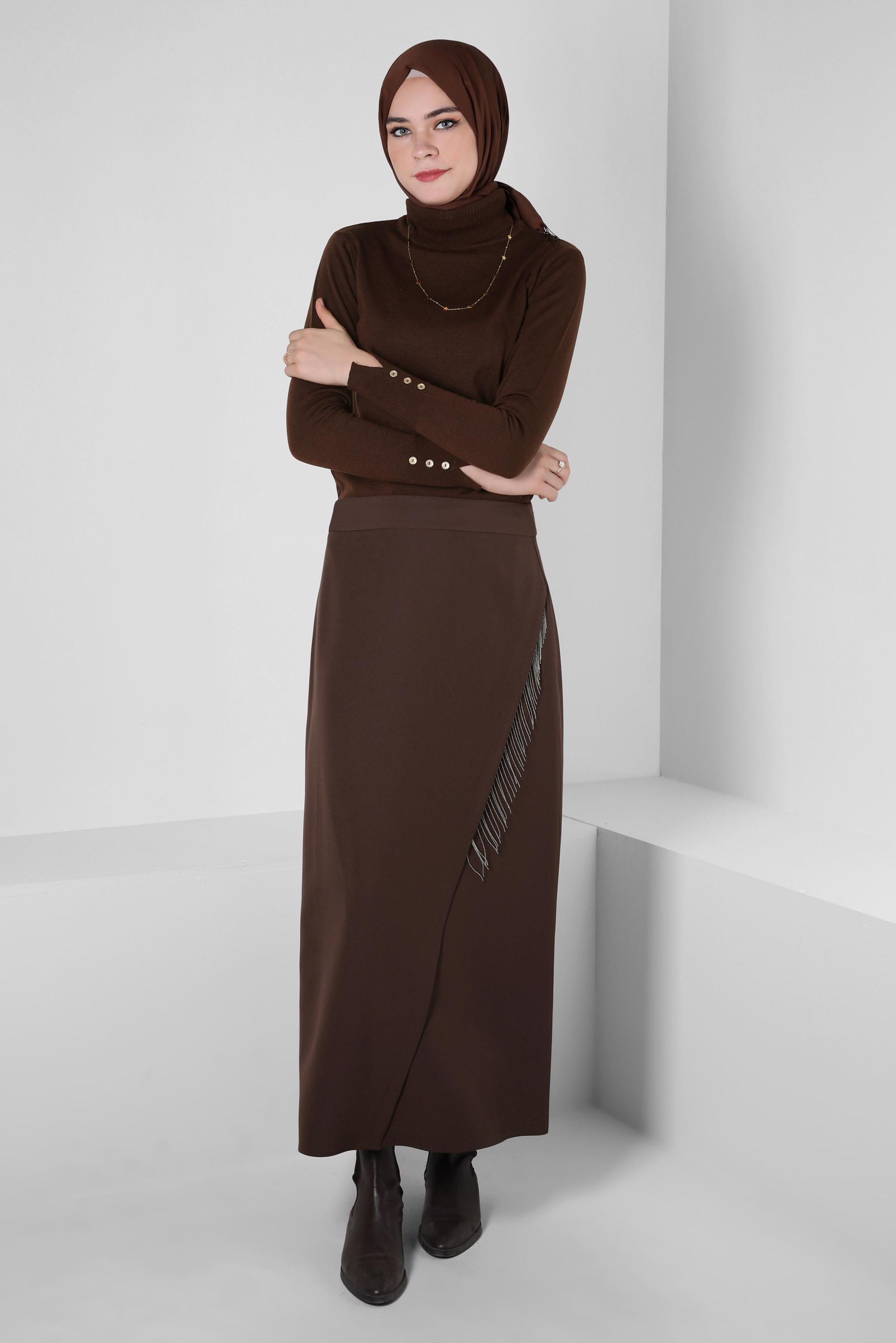 Tesettür giyim KAHVE ZİNCİR DETAYLI ETEK 60501