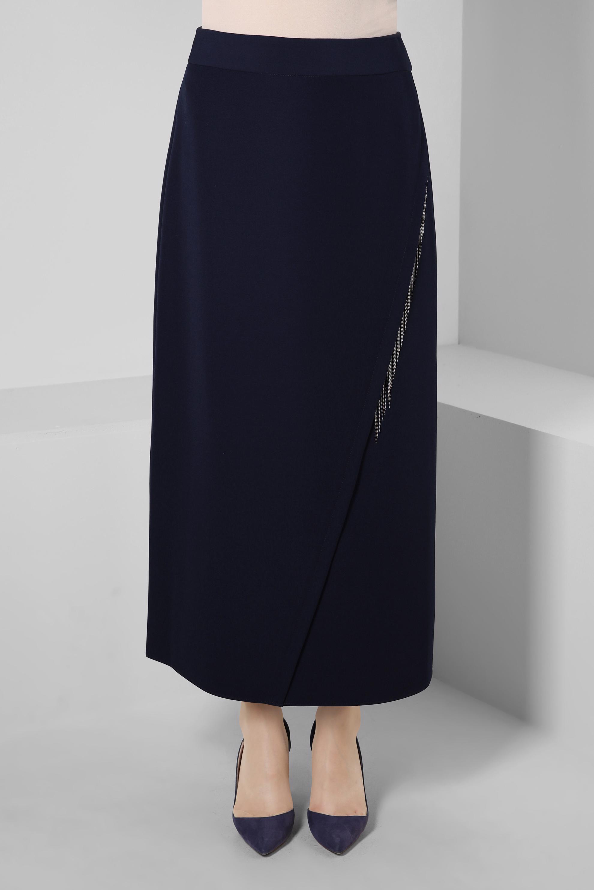 Tesettür giyim LACİVERT ZİNCİR DETAYLI ETEK 60501