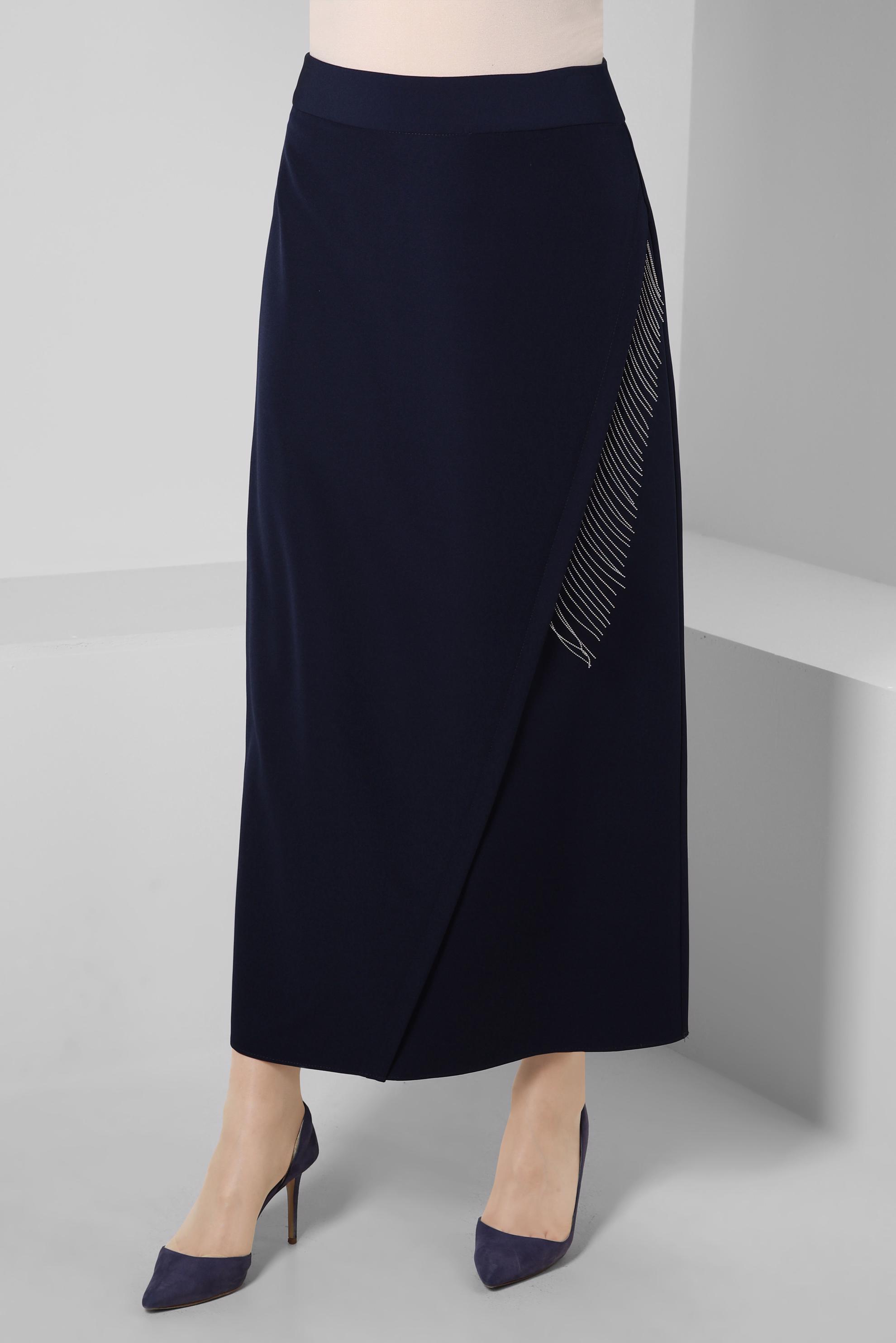 Tesettür giyim LACİVERT ZİNCİR DETAYLI ETEK 60501