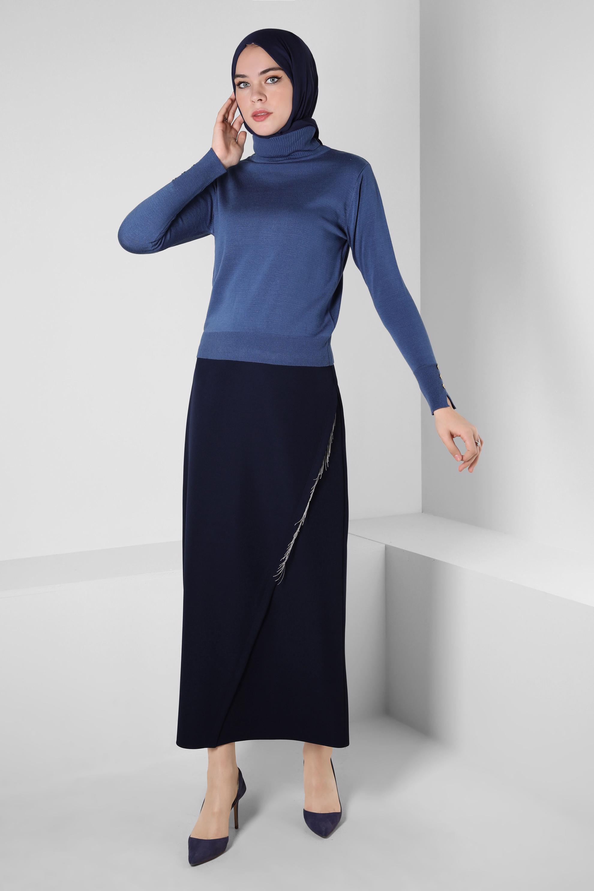 Tesettür giyim LACİVERT ZİNCİR DETAYLI ETEK 60501
