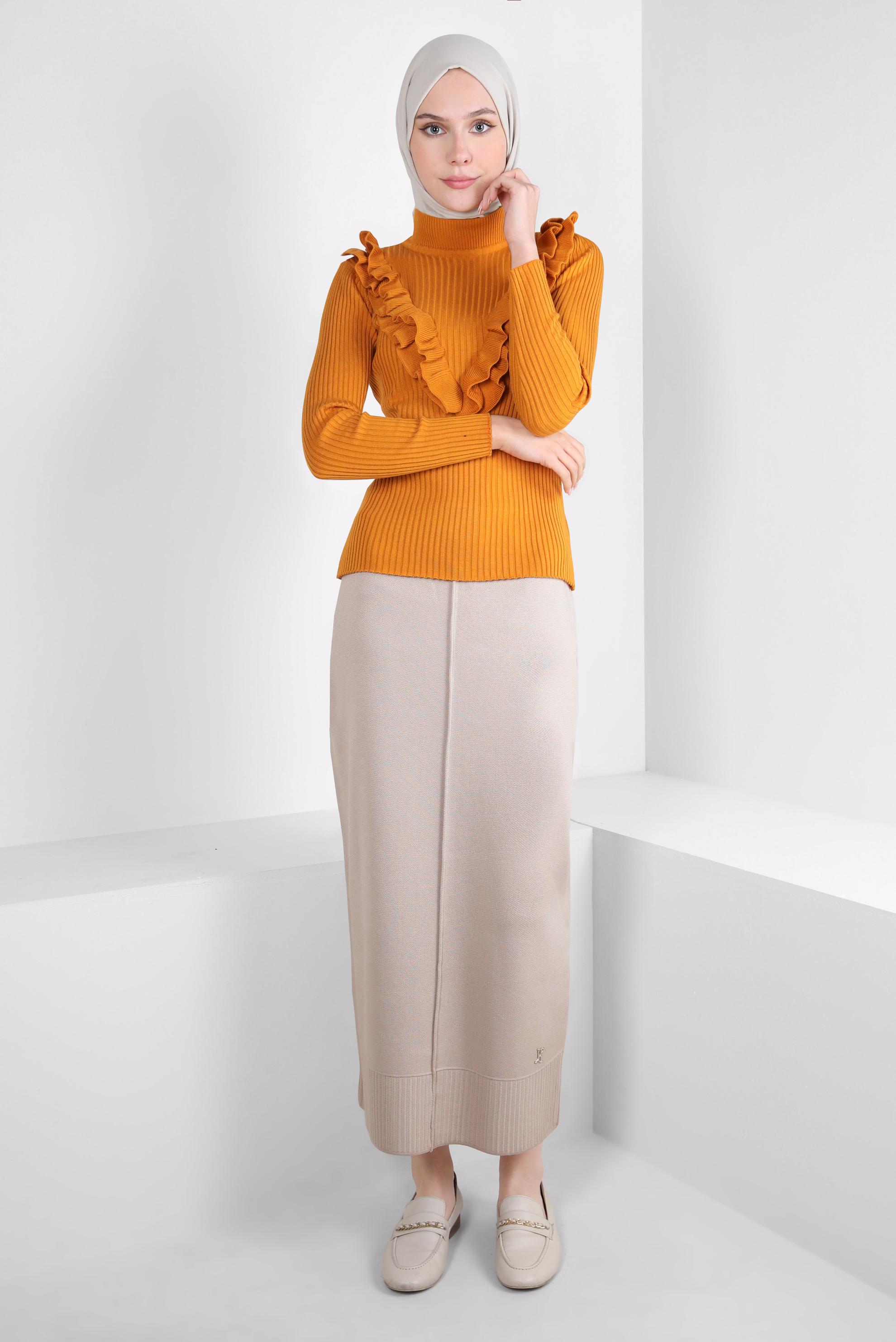 Tesettür giyim BEJ DÜZ KESİM TRİKO ETEK 60503