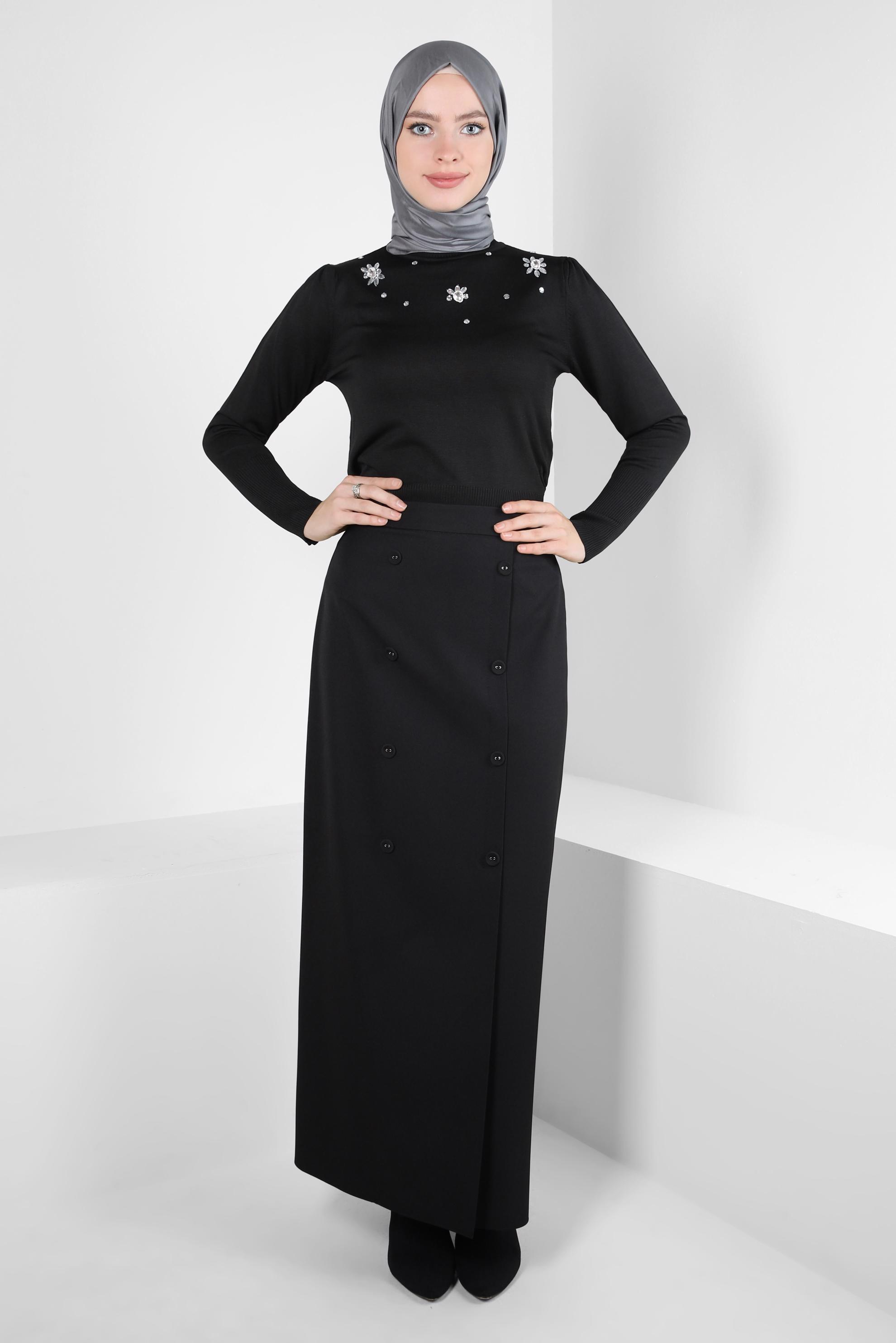 Tesettür giyim SİYAH DÜĞME DETAYLI ETEK 60507