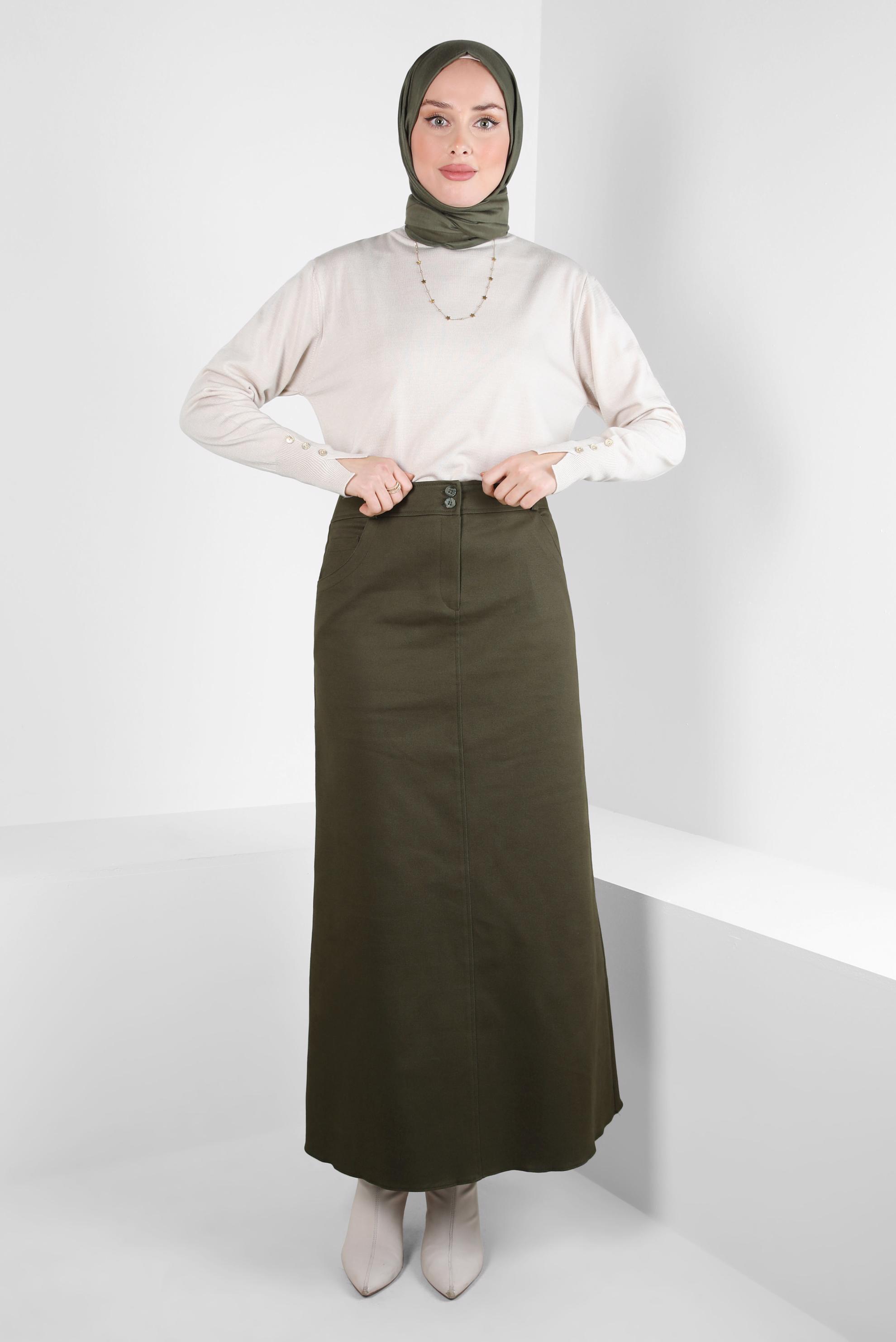 Tesettür giyim HAKİ CEP DETAYLI ETEK 60509