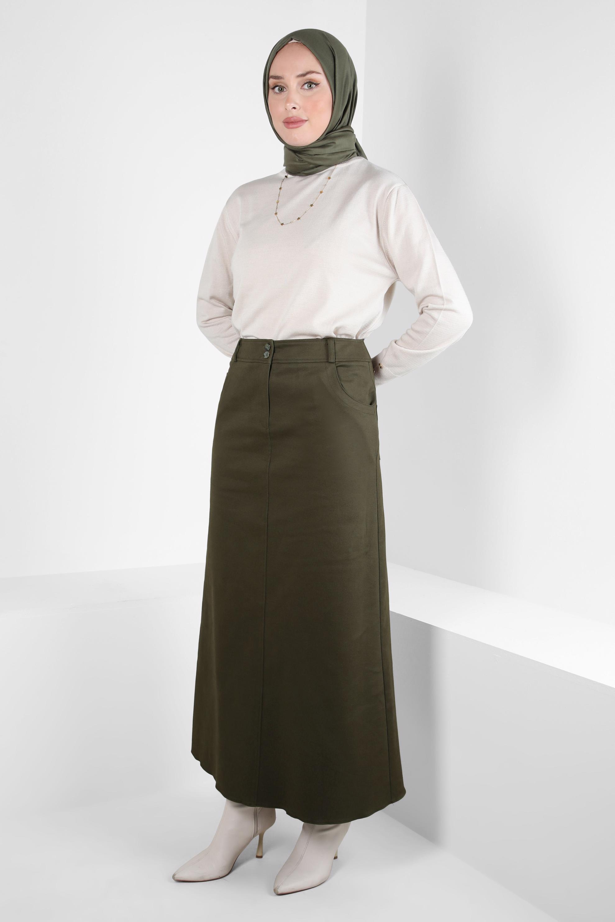 Tesettür giyim HAKİ CEP DETAYLI ETEK 60509