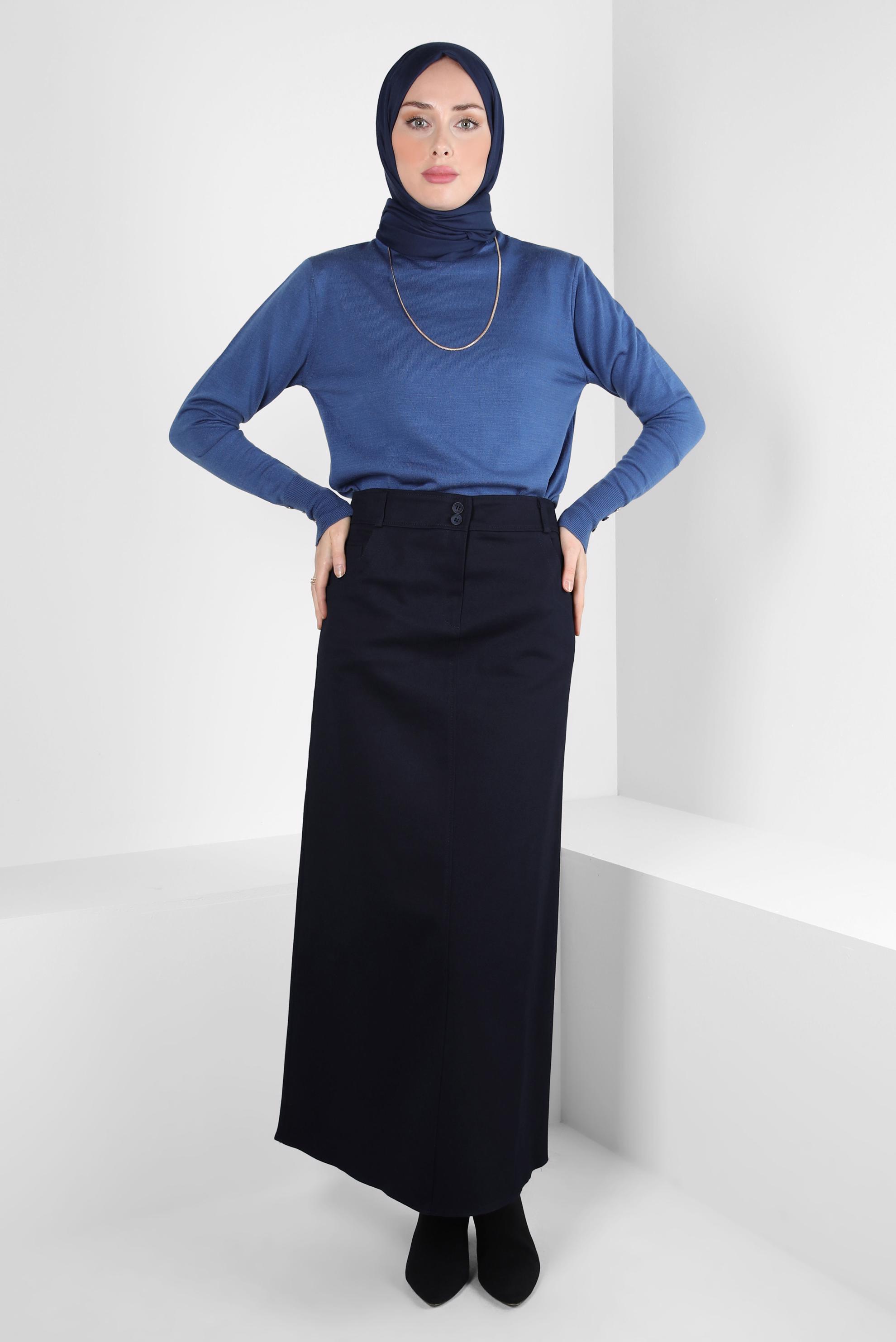 Tesettür giyim LACİVERT CEP DETAYLI ETEK 60509