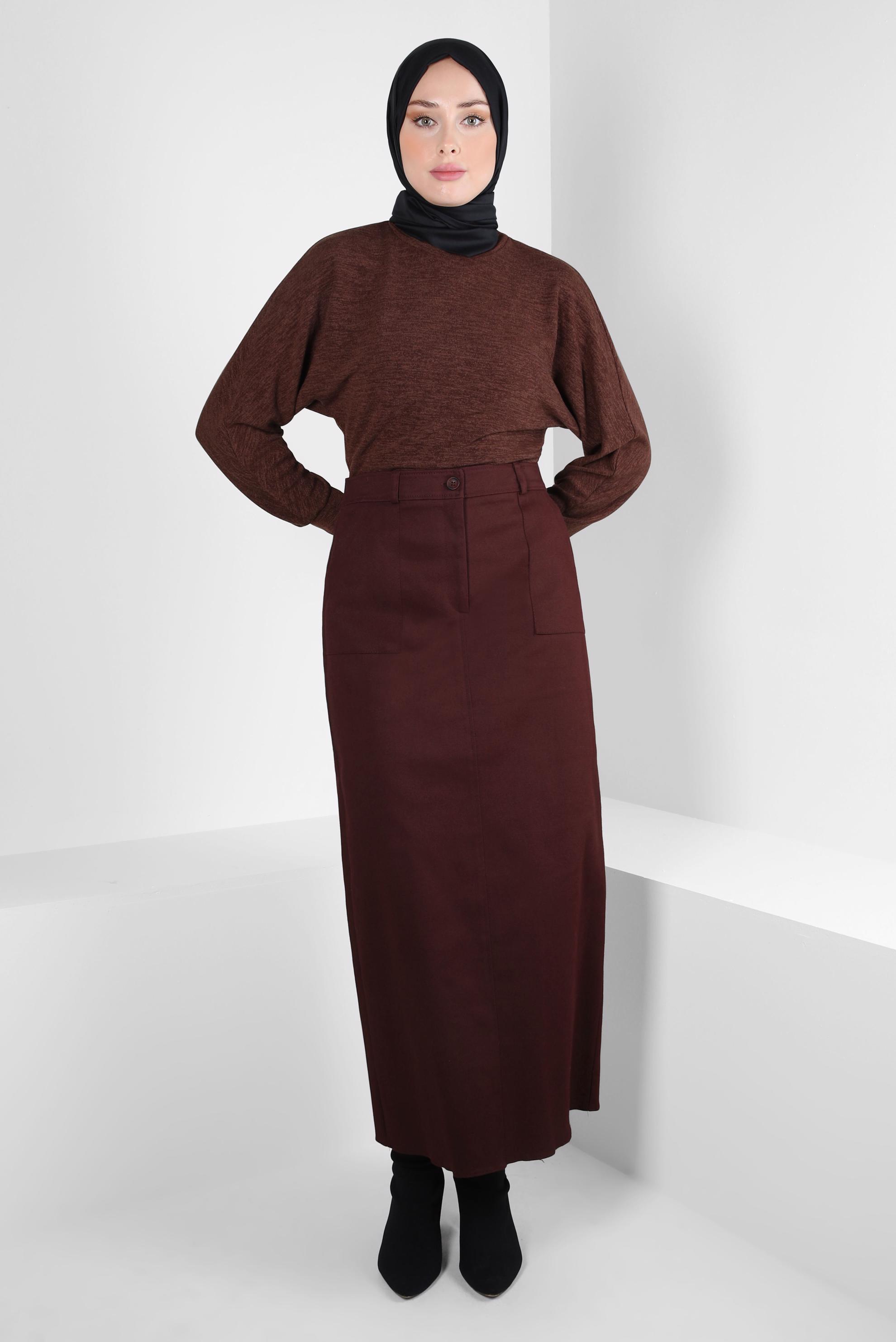 Tesettür giyim BORDO CEP DETAYLI ETEK 60510