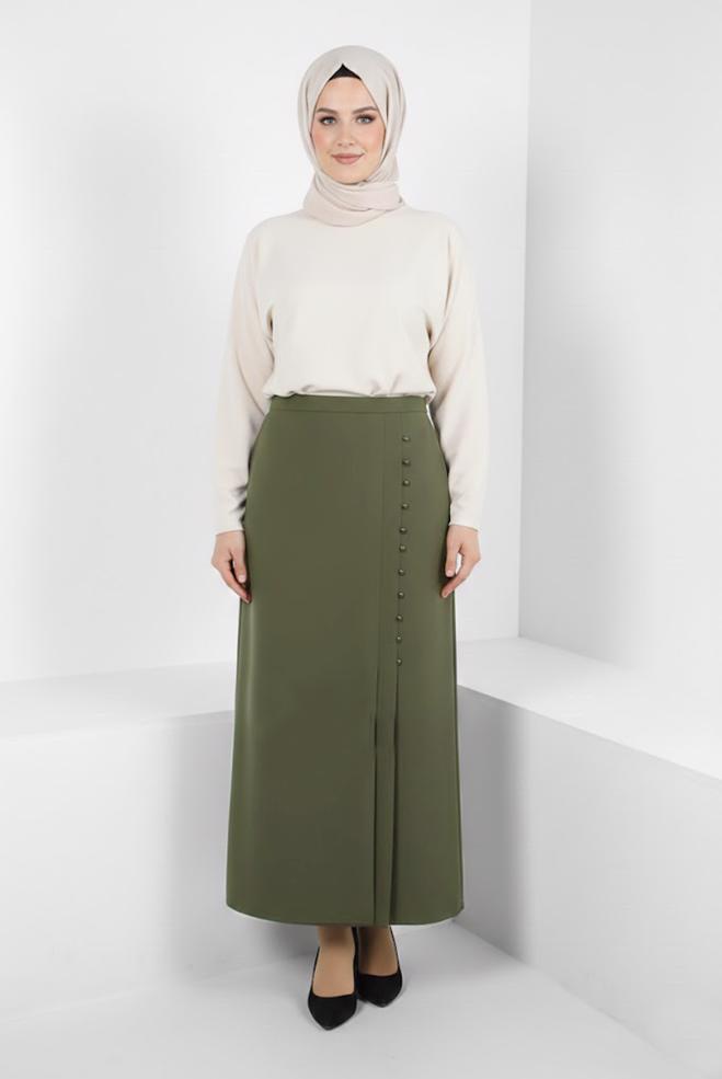 Vêtements hijab KAKI JUPE AVEC DÉTAIL BOUTON 60512 - ALVİNA