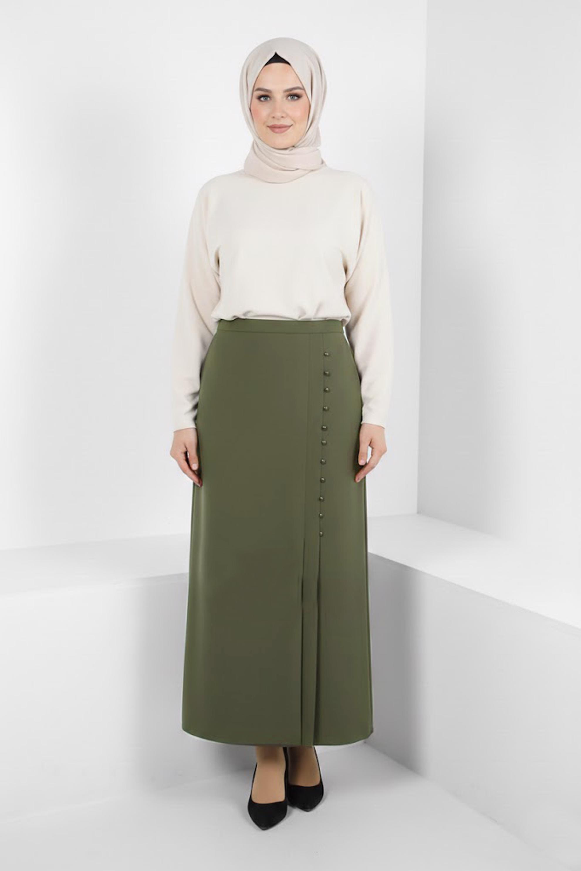 Vêtements hijab KAKI JUPE AVEC DÉTAIL BOUTON 60512