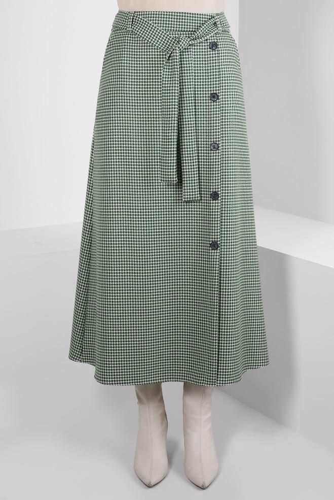 Tesettür giyim YEŞİL DÜĞME DETAYLI KUŞAKLI ETEK 60514 - ALVİNA