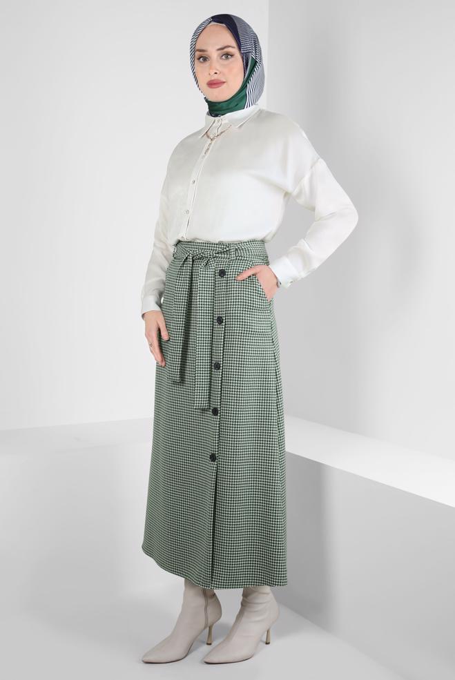 Tesettür giyim YEŞİL DÜĞME DETAYLI KUŞAKLI ETEK 60514 - ALVİNA