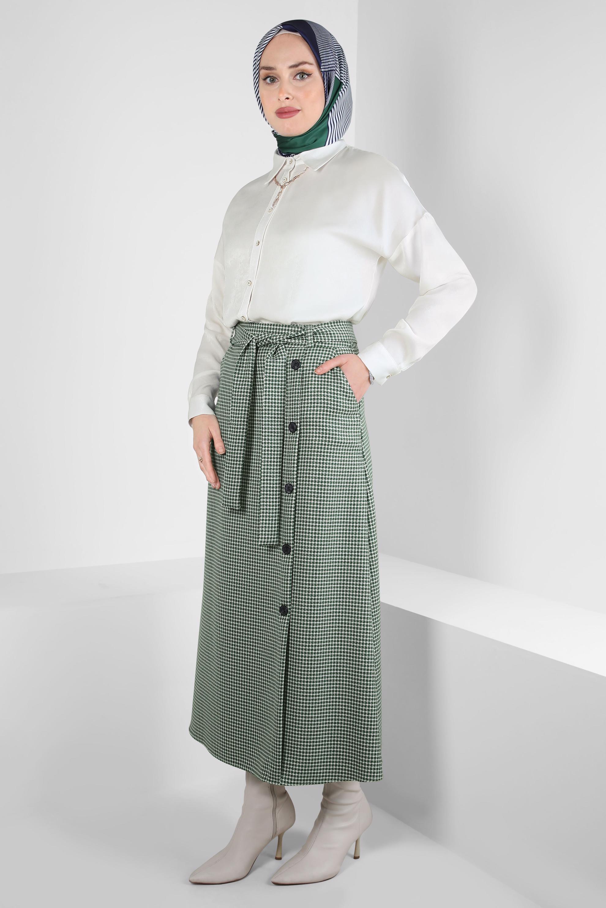 Tesettür giyim YEŞİL DÜĞME DETAYLI KUŞAKLI ETEK 60514