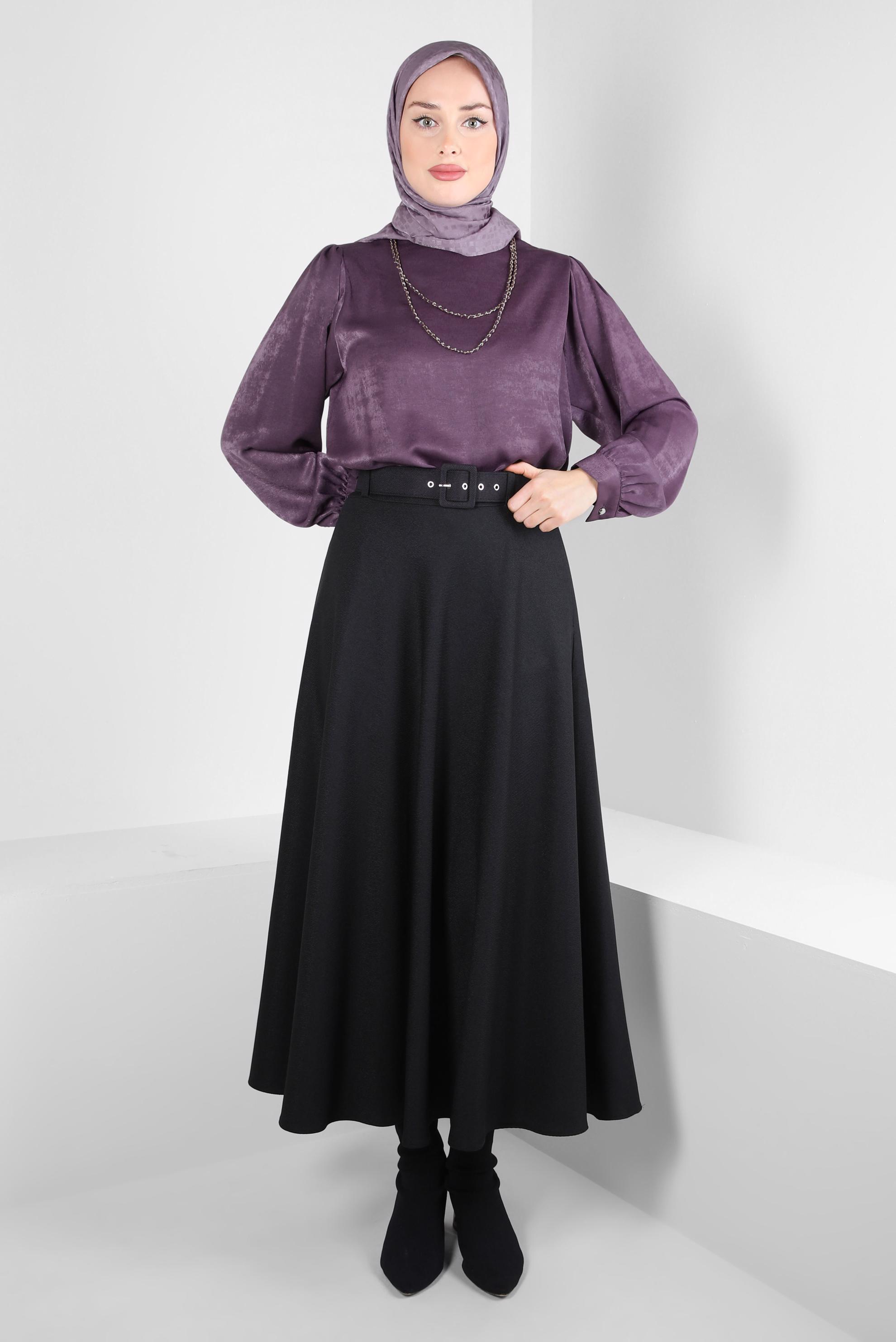Tesettür giyim SİYAH KEMERLİ ÇAN ETEK 60515