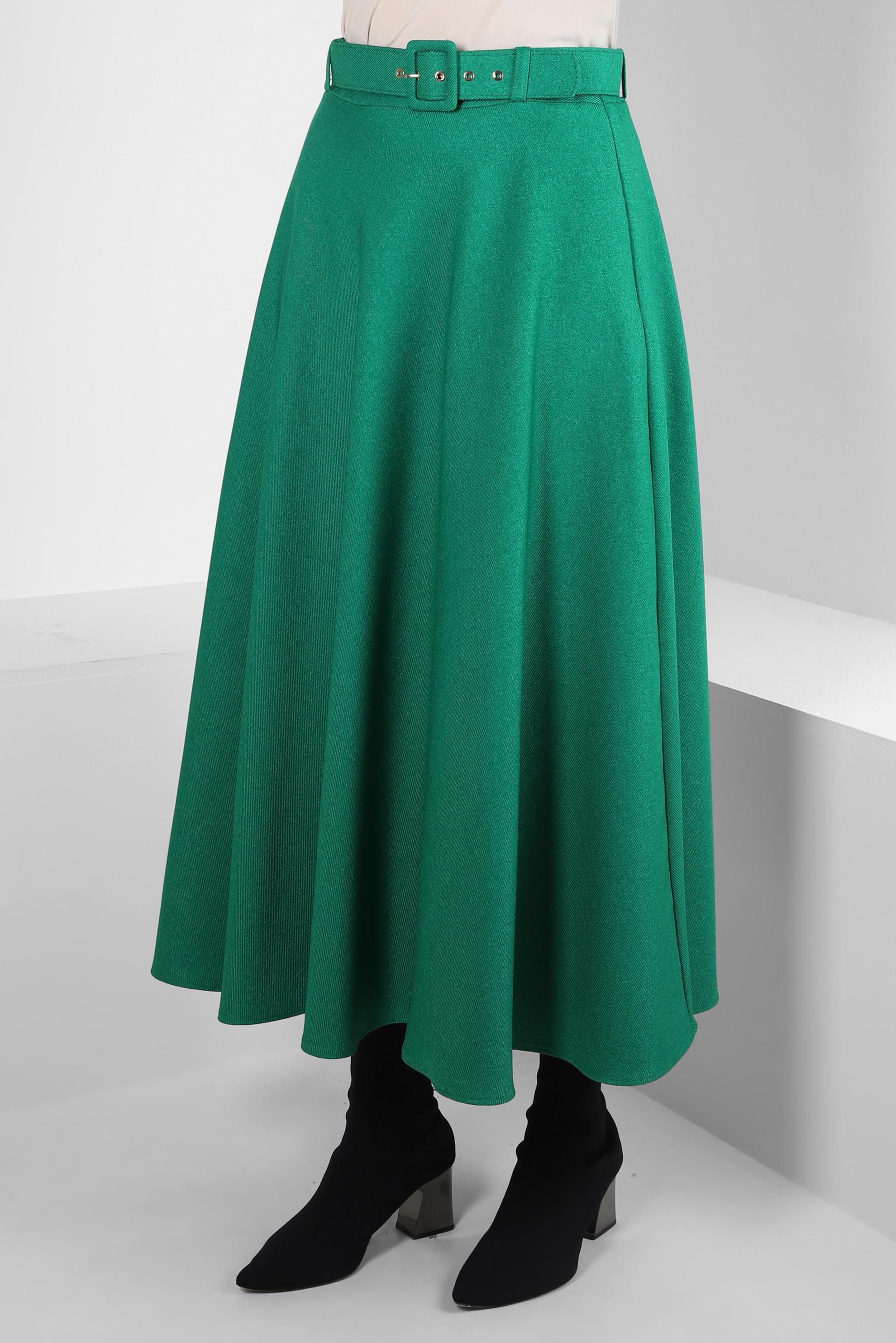 Tesettür giyim YEŞİL KEMERLİ ÇAN ETEK 60515