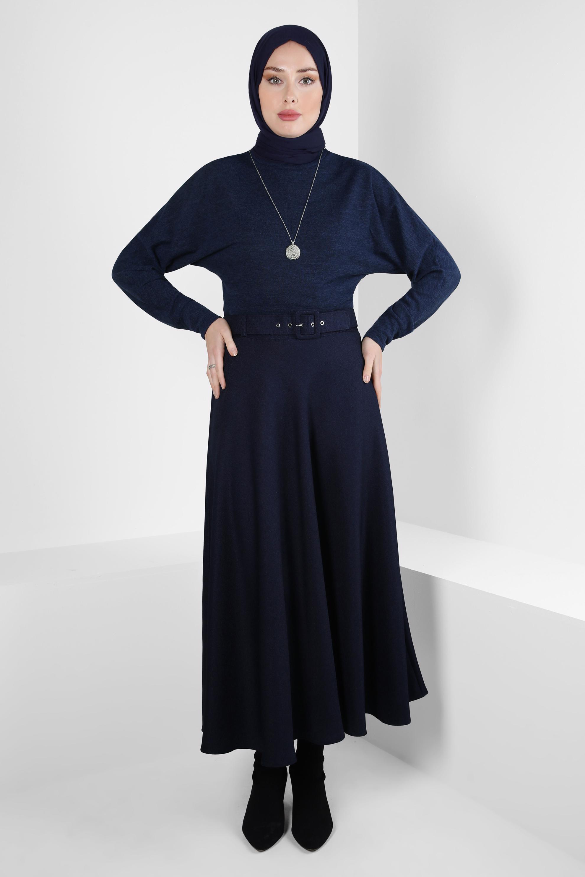 Tesettür giyim LACİVERT KEMERLİ ÇAN ETEK 60515