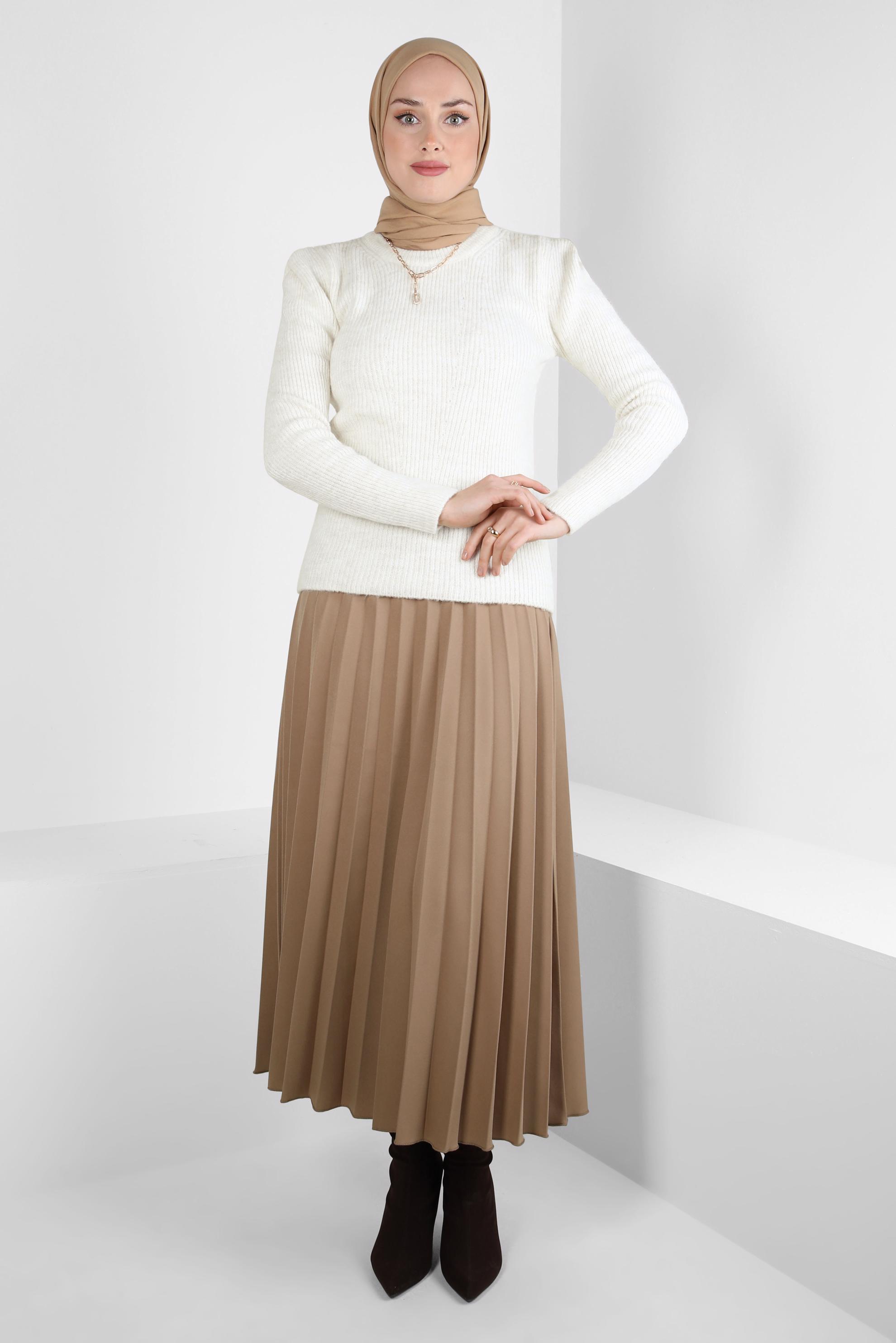 Tesettür giyim KAHVE PİLİSELİ ETEK 60516