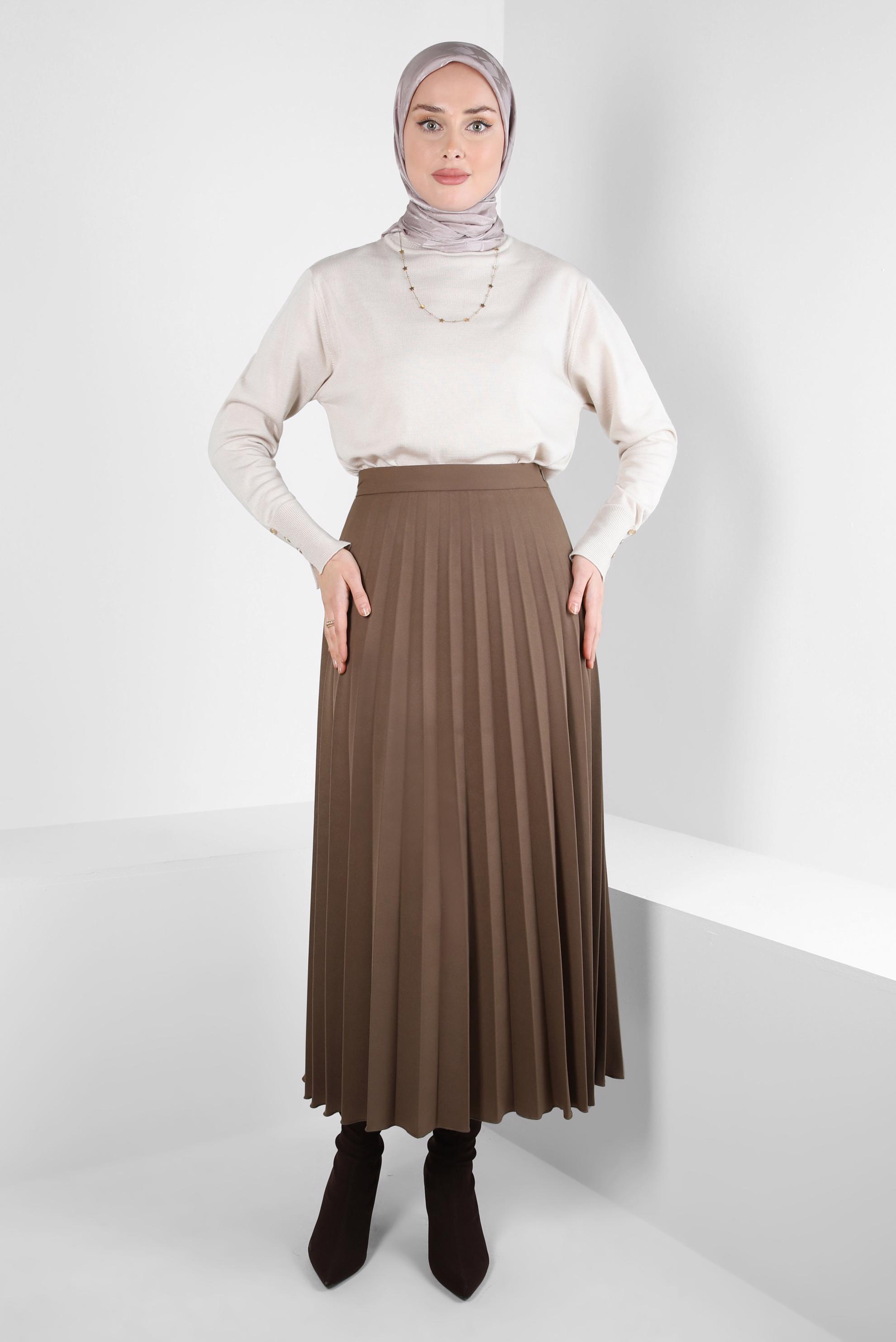 Tesettür giyim VİZON PİLİSELİ ETEK 60516
