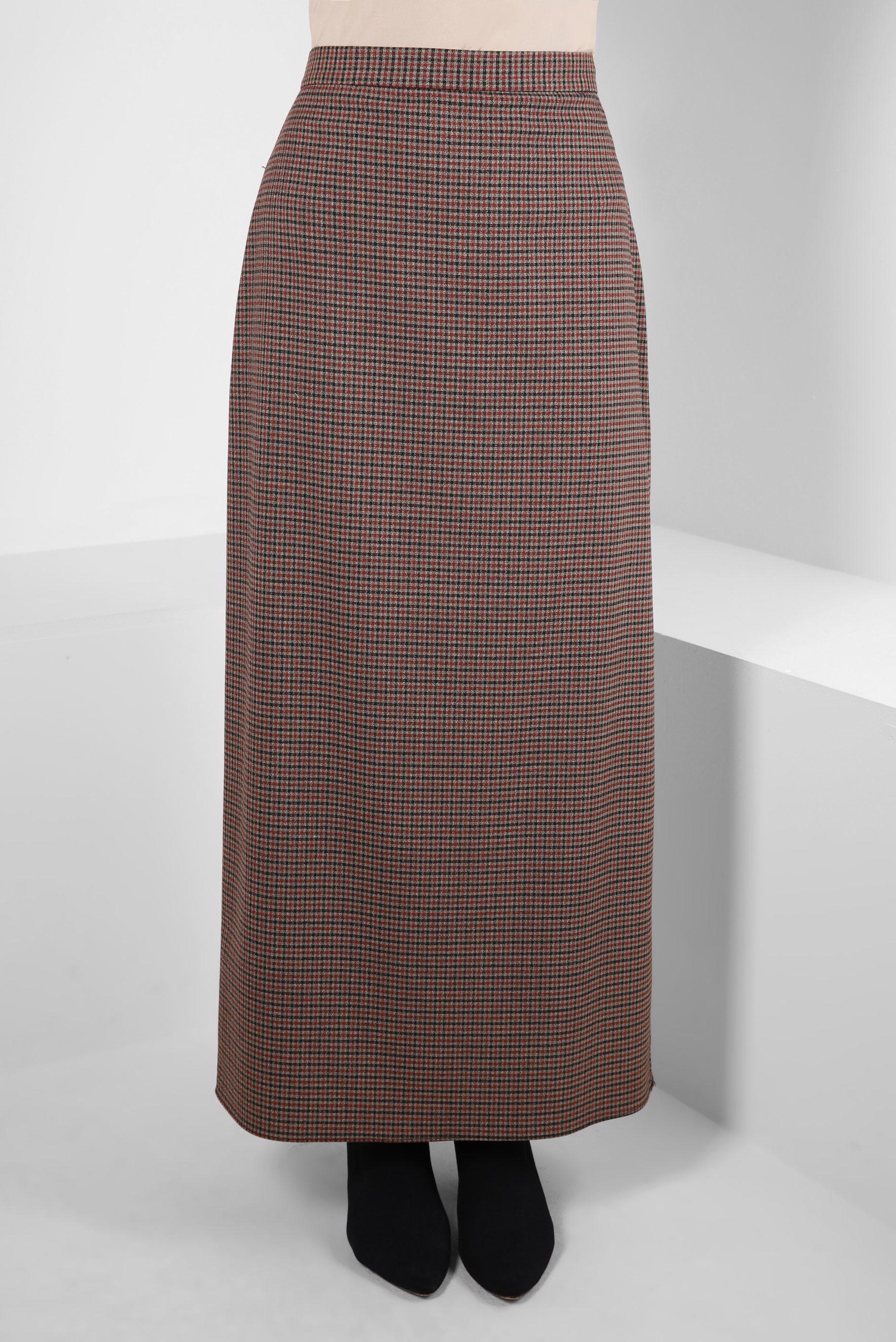 Tesettür giyim BORDO KARE DESENLİ ETEK 60519