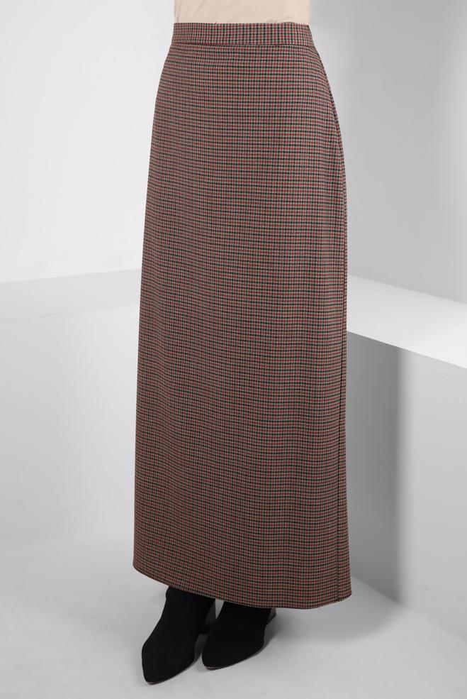 Tesettür giyim BORDO KARE DESENLİ ETEK 60519 - ALVİNA