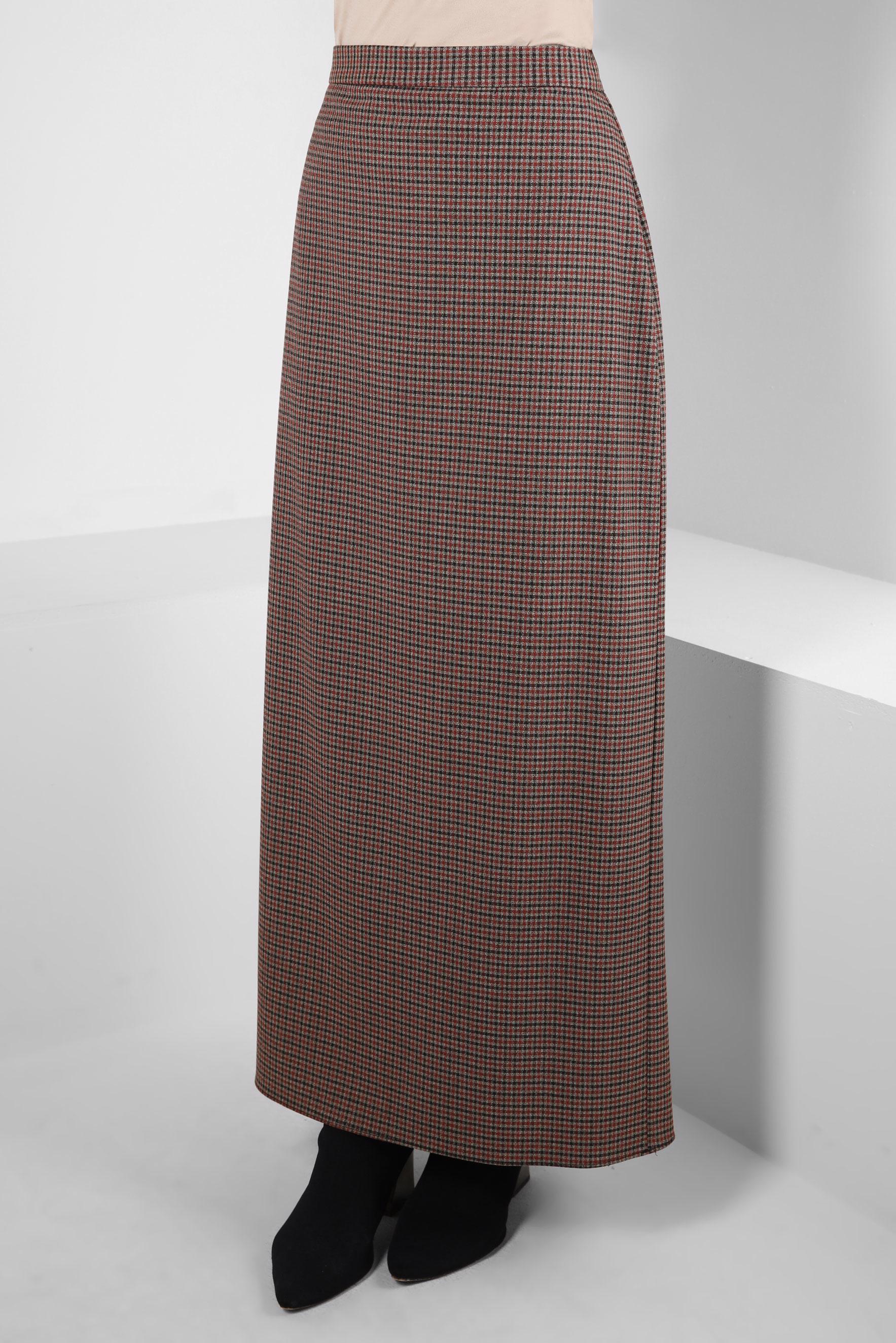 Tesettür giyim BORDO KARE DESENLİ ETEK 60519