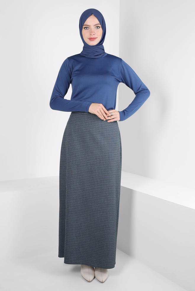 Tesettür giyim LACİVERT KARE DESENLİ ETEK 60519 - ALVİNA