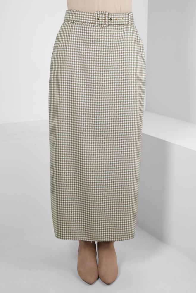 Tesettür giyim BEJ KAZAYAĞI DESENLİ KEMERLİ ETEK 60523 - ALVİNA