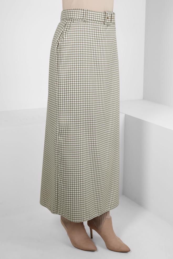 Tesettür giyim BEJ KAZAYAĞI DESENLİ KEMERLİ ETEK 60523 - ALVİNA