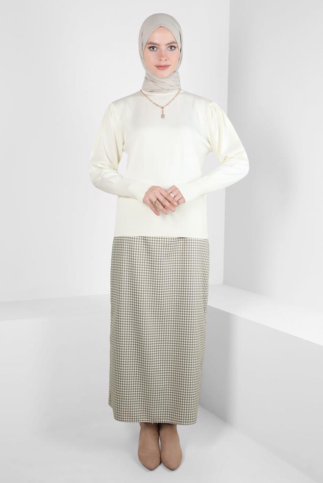 Tesettür giyim BEJ KAZAYAĞI DESENLİ KEMERLİ ETEK 60523 - ALVİNA