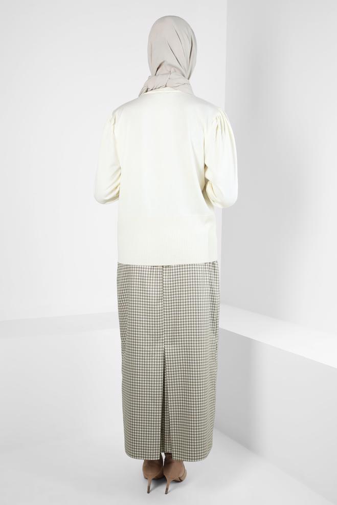 Tesettür giyim BEJ KAZAYAĞI DESENLİ KEMERLİ ETEK 60523 - ALVİNA