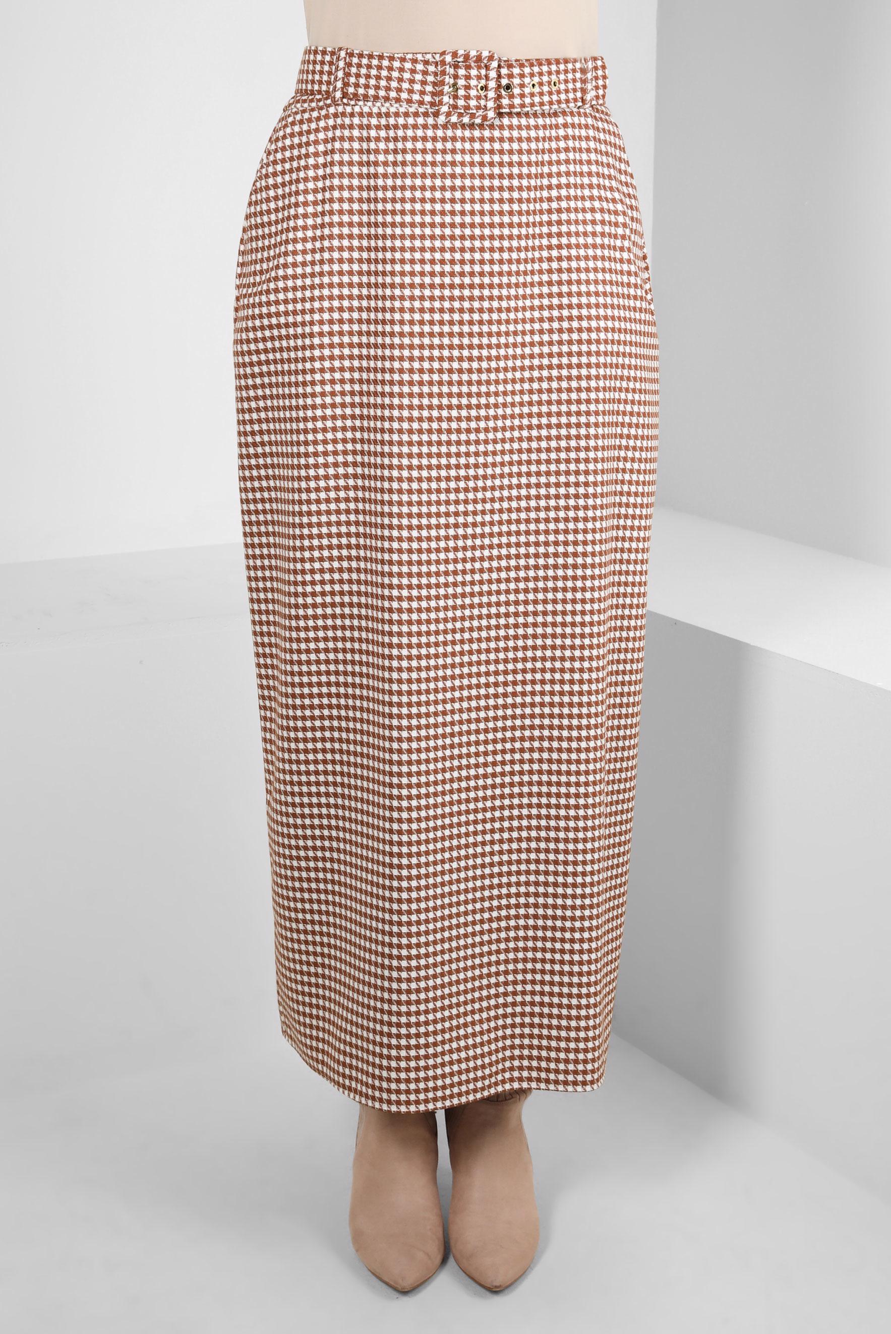 Tesettür giyim TURUNCU KAZAYAĞI DESENLİ KEMERLİ ETEK 60523