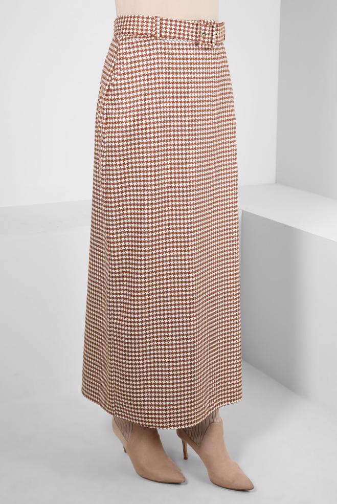 Tesettür giyim TURUNCU KAZAYAĞI DESENLİ KEMERLİ ETEK 60523 - ALVİNA