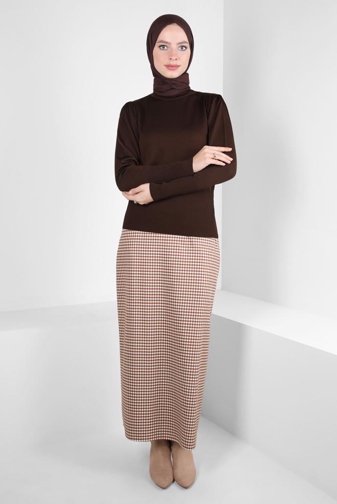 Tesettür giyim TURUNCU KAZAYAĞI DESENLİ KEMERLİ ETEK 60523 - ALVİNA