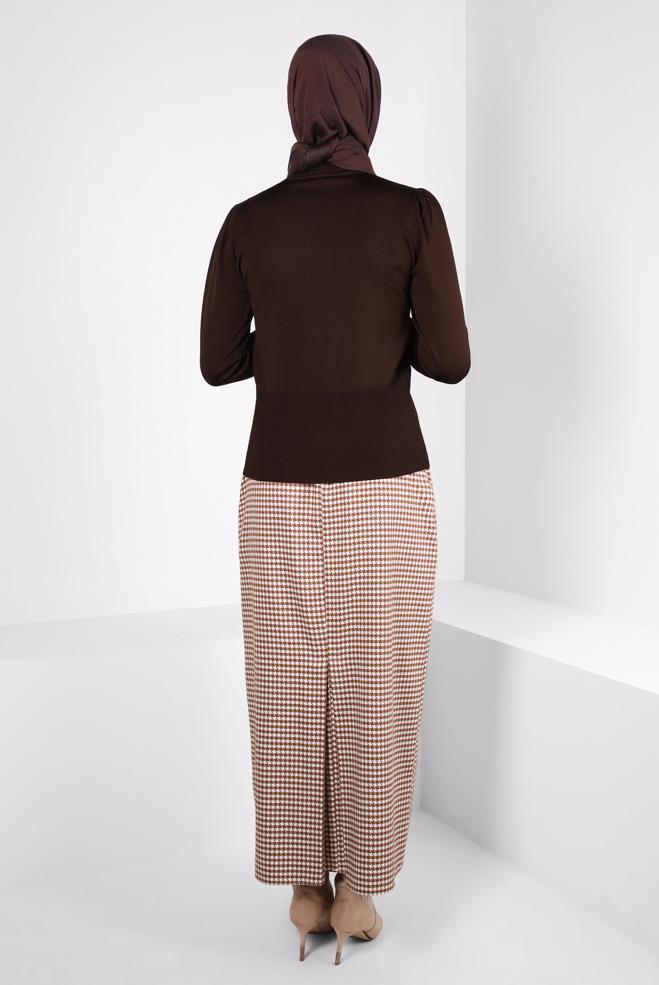 Tesettür giyim TURUNCU KAZAYAĞI DESENLİ KEMERLİ ETEK 60523 - ALVİNA