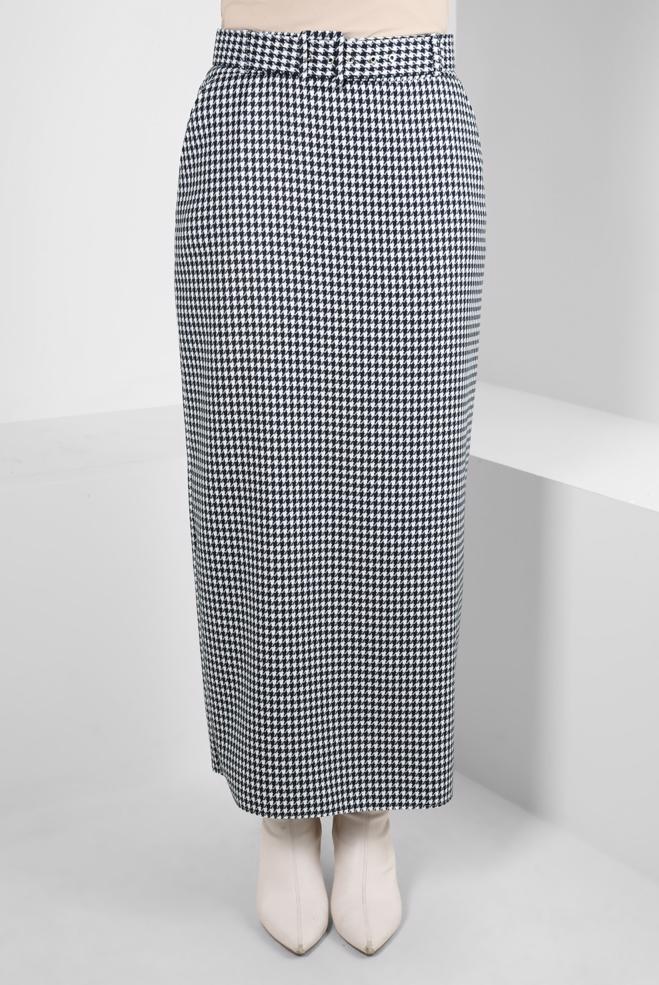 Tesettür giyim LACİVERT KAZAYAĞI DESENLİ KEMERLİ ETEK 60523 - ALVİNA